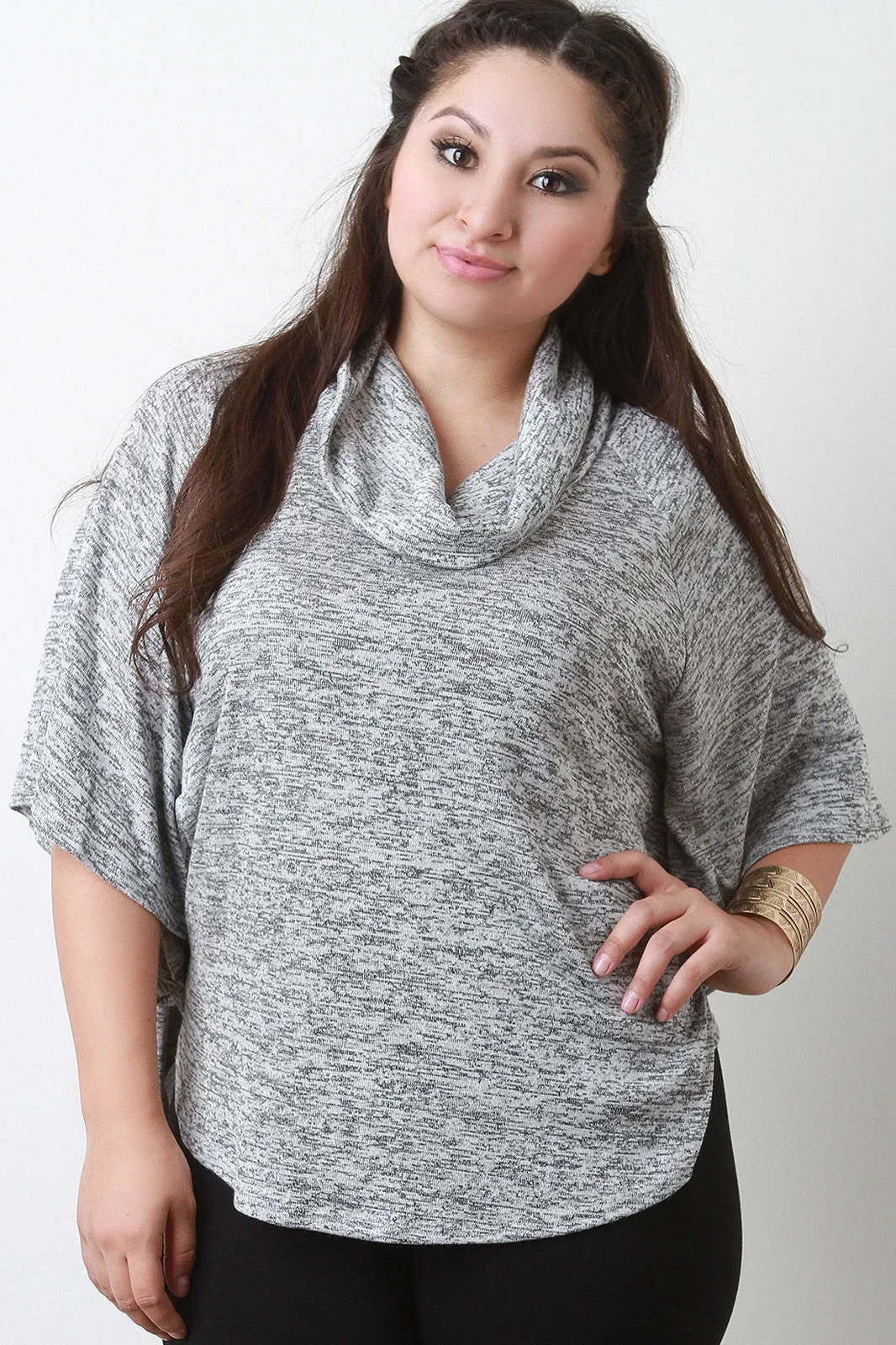 Marl Knit Cowl Neck Poncho Top