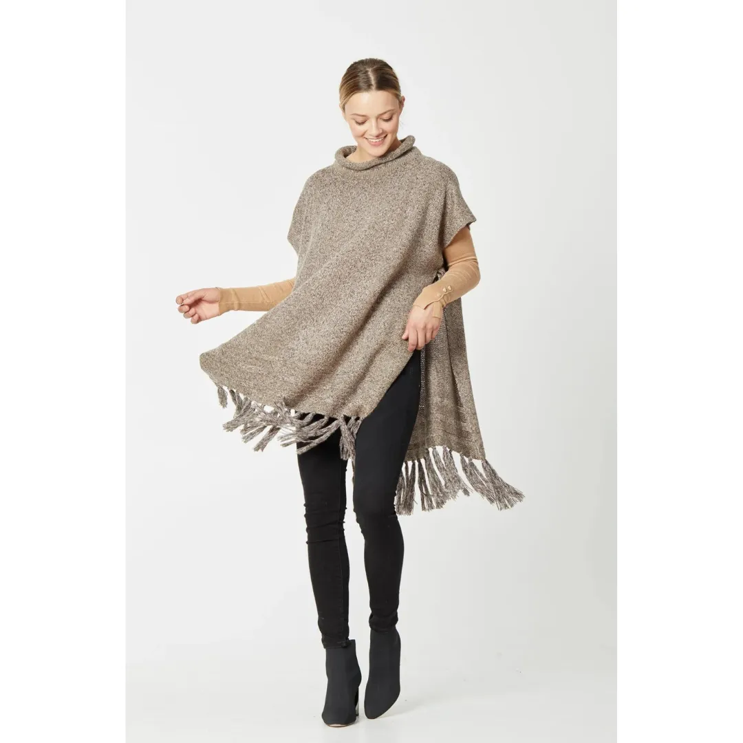 Marled Woven Turtleneck Poncho - Taupe