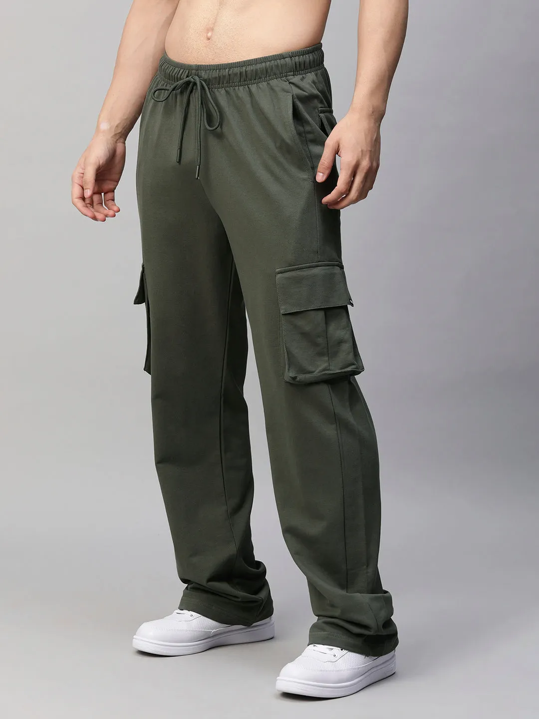 Men Premium Terry Cargo Pants - Olive Green