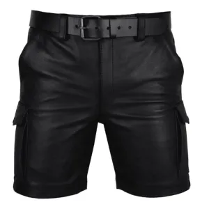 Mens Black Leather Cargo Shorts with 6 Pockets