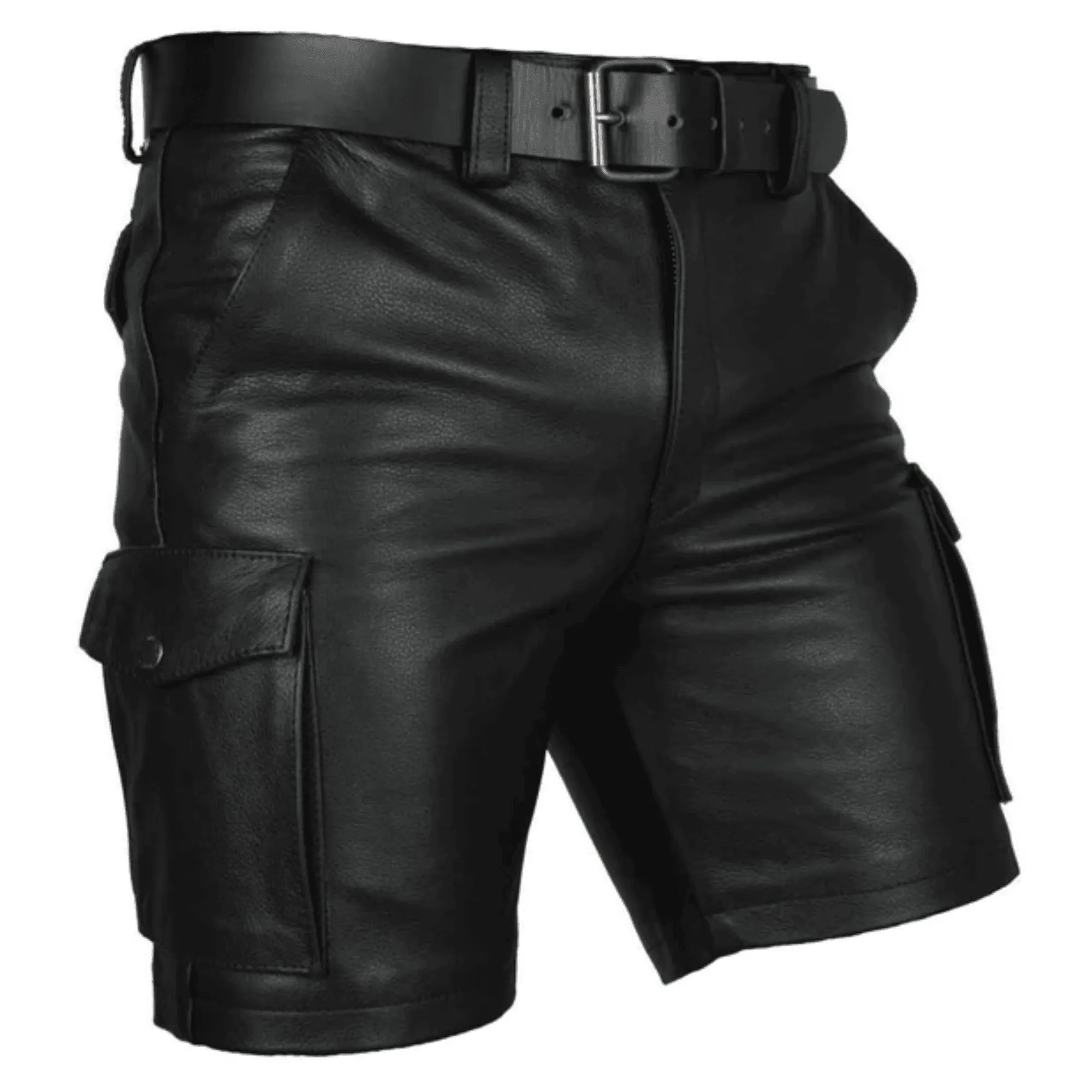 Mens Black Leather Cargo Shorts with 6 Pockets