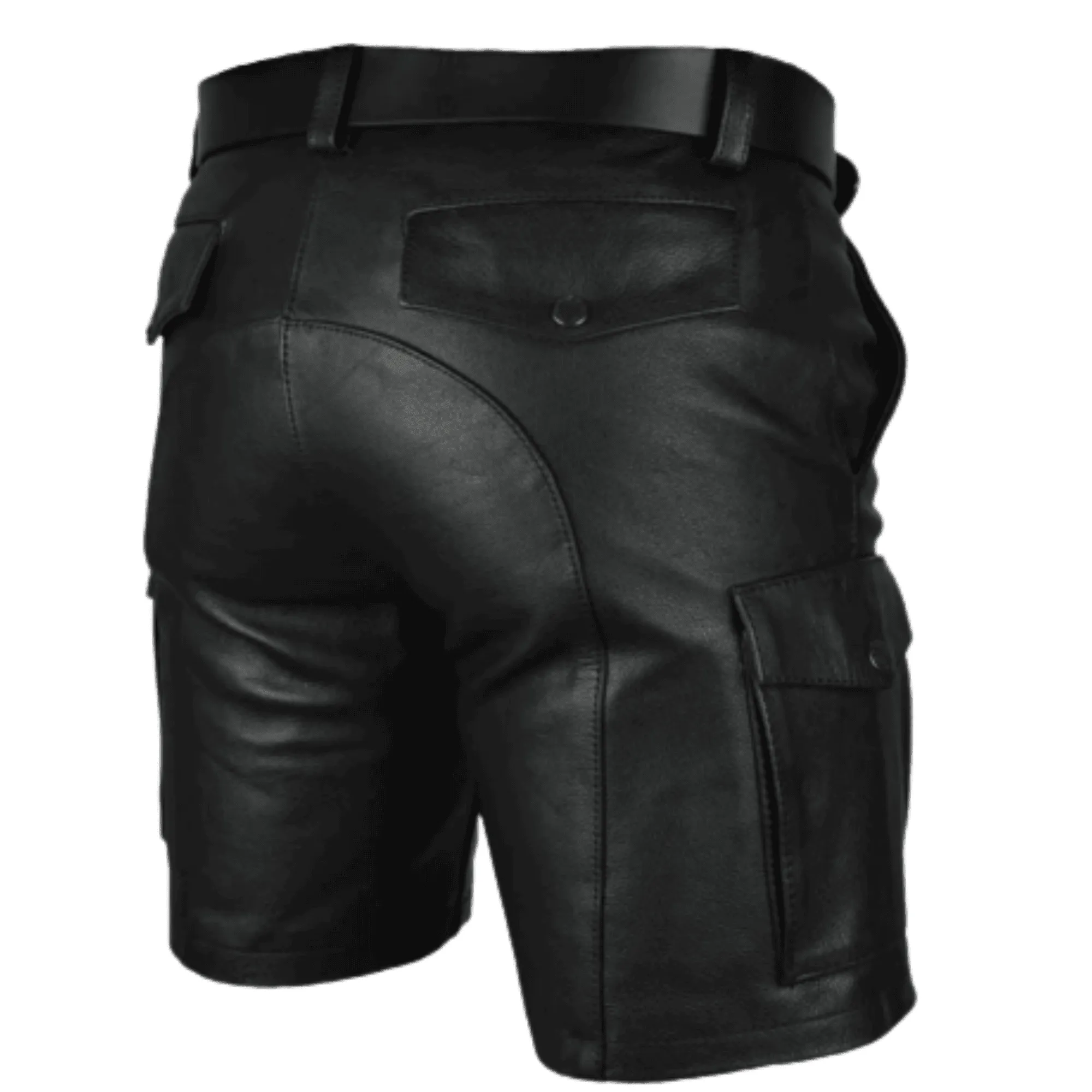 Mens Black Leather Cargo Shorts with 6 Pockets