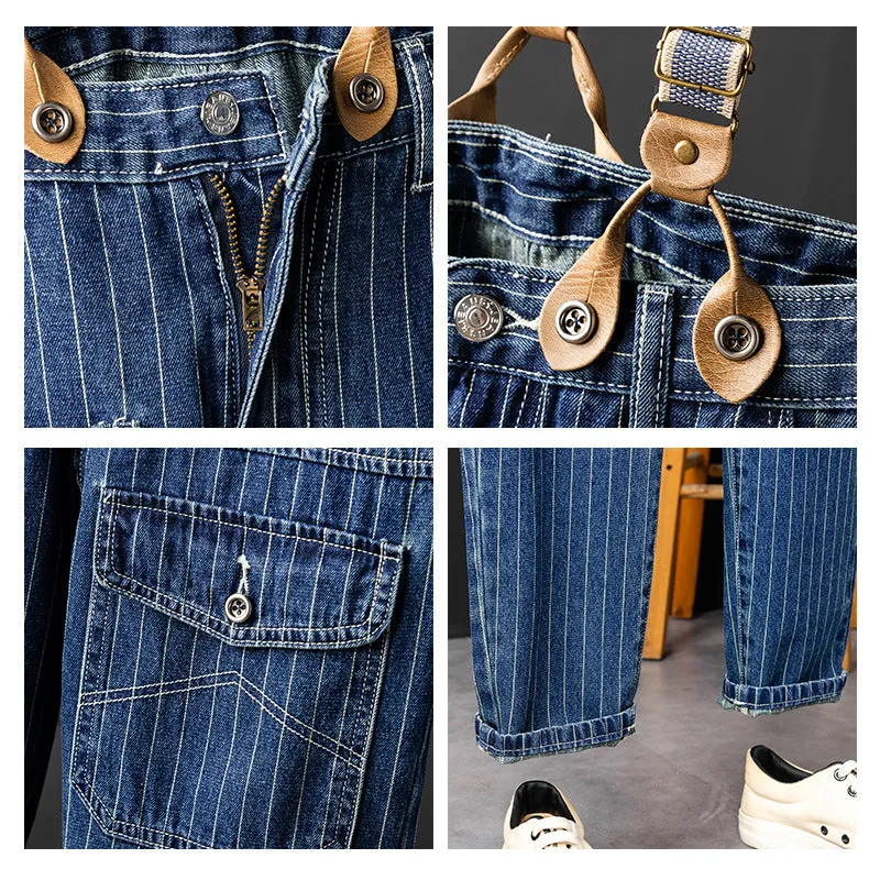 Men's British Casual Striped Cargo Denim Jeans With Y-Back Removable Suspenders