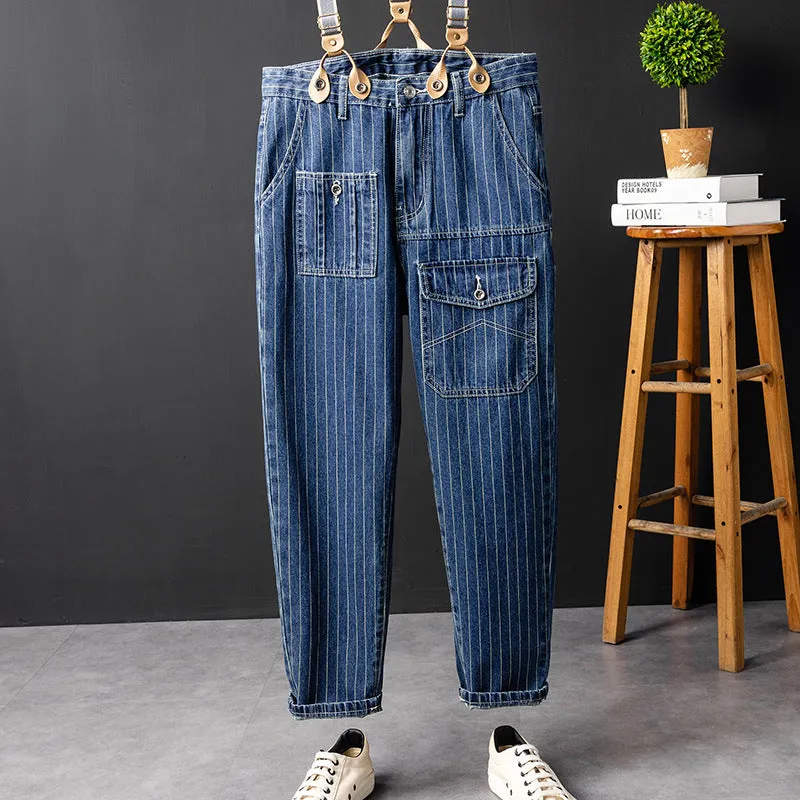 Men's British Casual Striped Cargo Denim Jeans With Y-Back Removable Suspenders