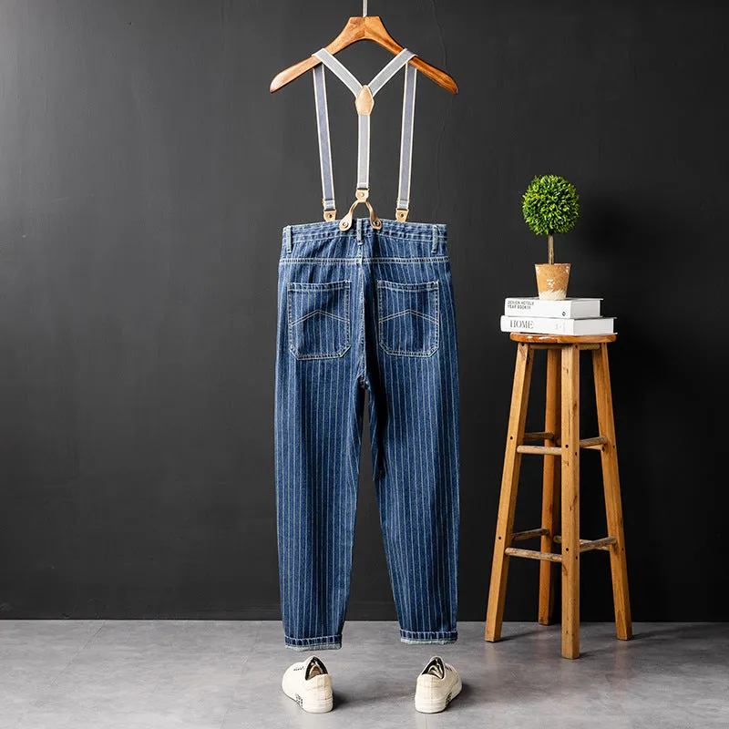 Men's British Casual Striped Cargo Denim Jeans With Y-Back Removable Suspenders