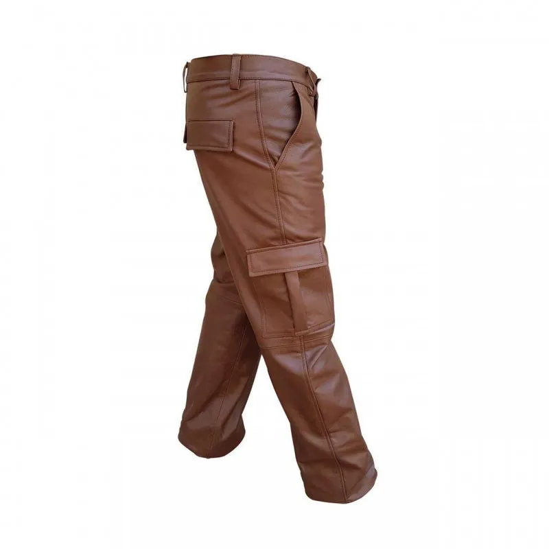 Mens Cargo Pants Brown Cow Leather 6 Pockets Jeans (Cargo2-Brw)