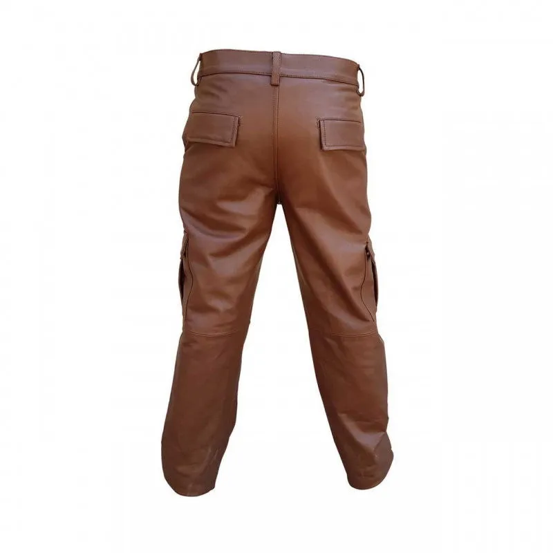 Mens Cargo Pants Brown Cow Leather 6 Pockets Jeans (Cargo2-Brw)