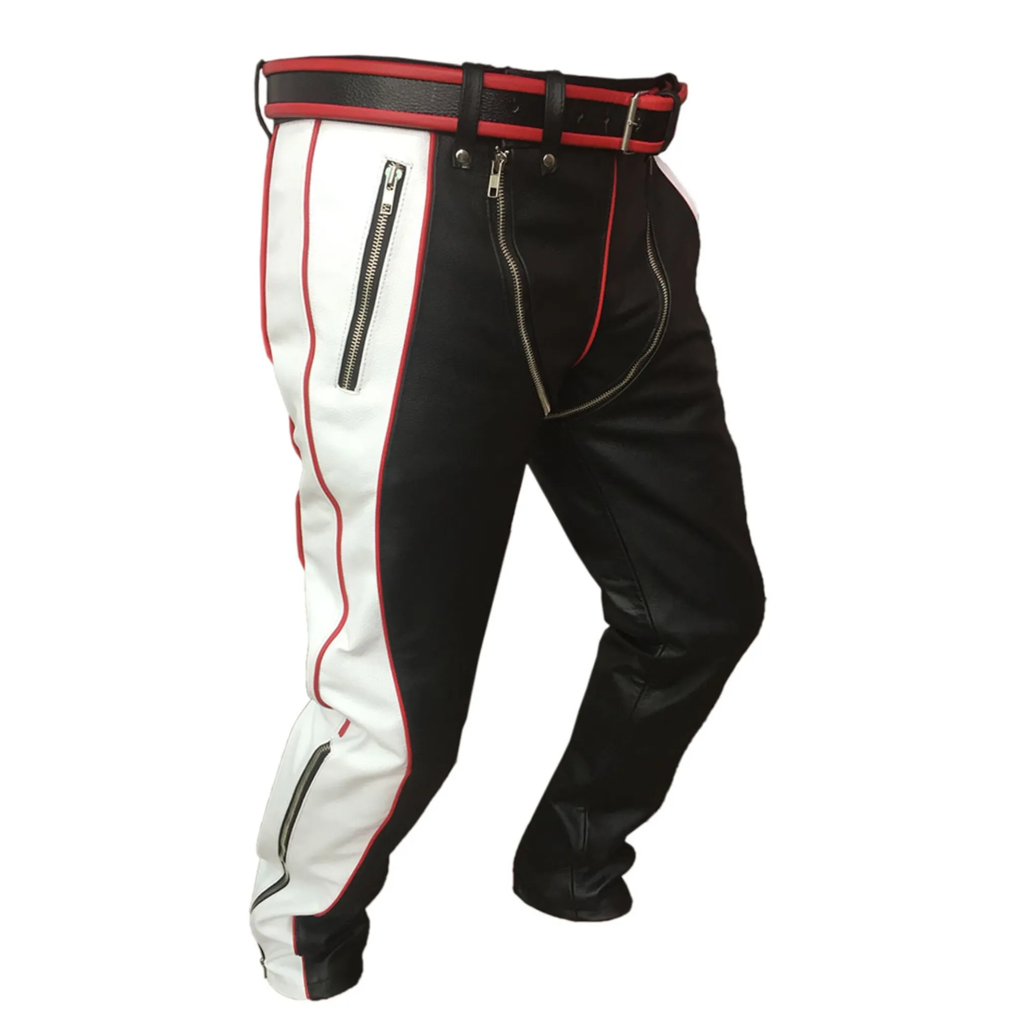 Mens Red Black and White Leather Pants