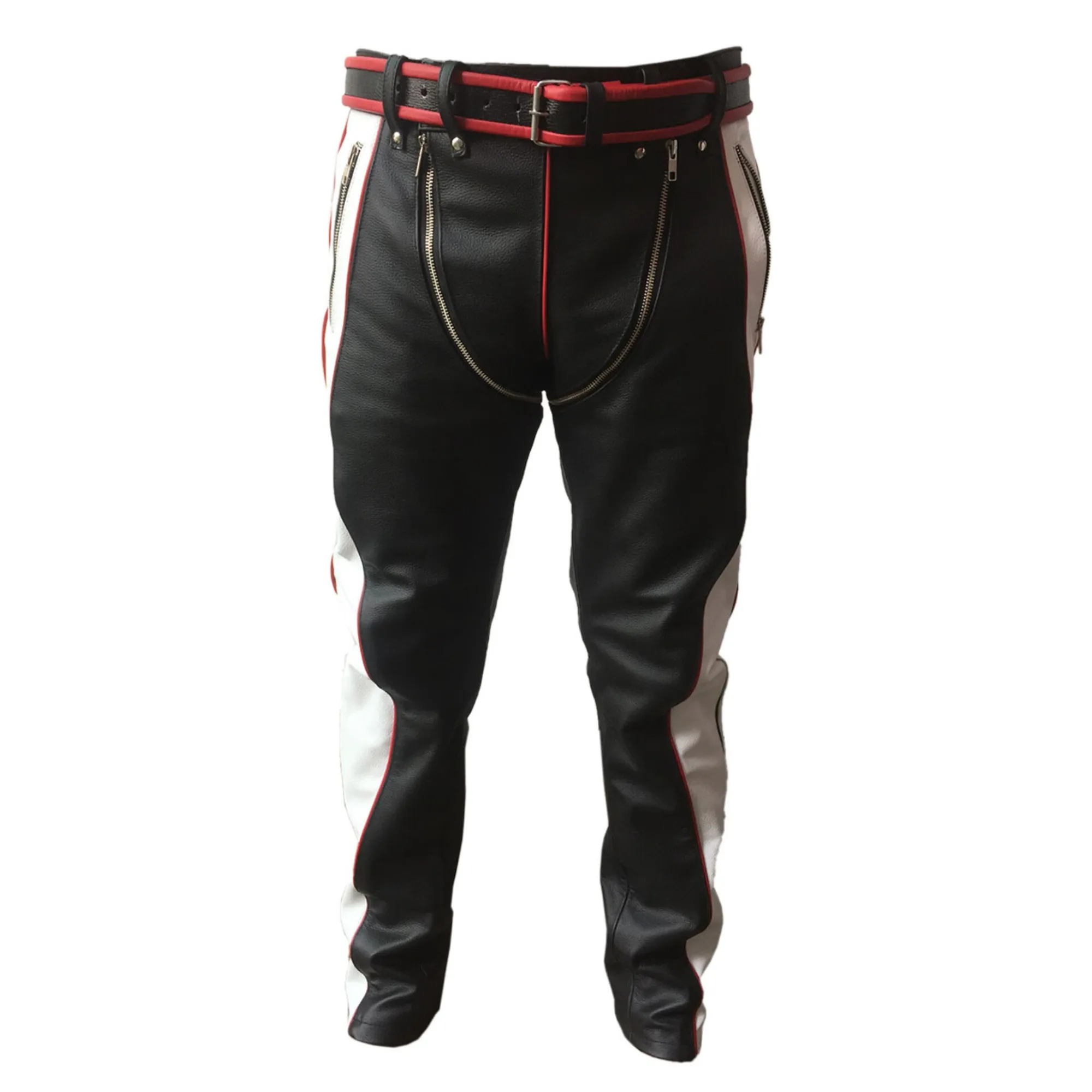 Mens Red Black and White Leather Pants