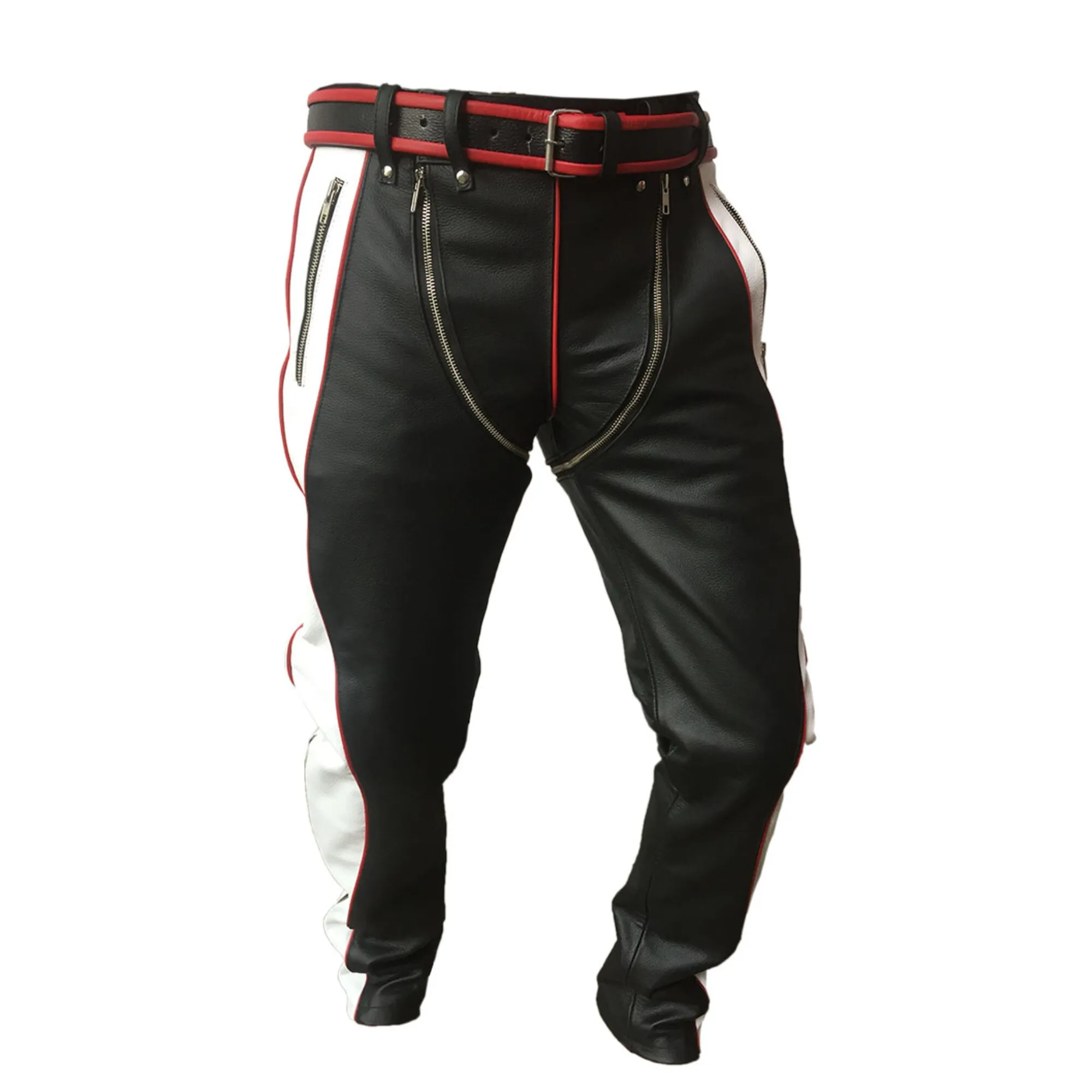 Mens Red Black and White Leather Pants