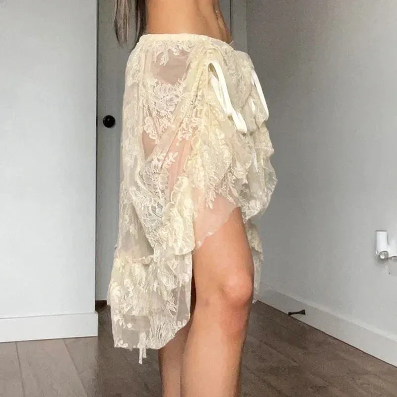 Metaversmall Fashion Sexy Loose Party Lace Skirt Female Drawstring Ruffles See Through Thin Summer Mini Skirt Clubwear Outfits New