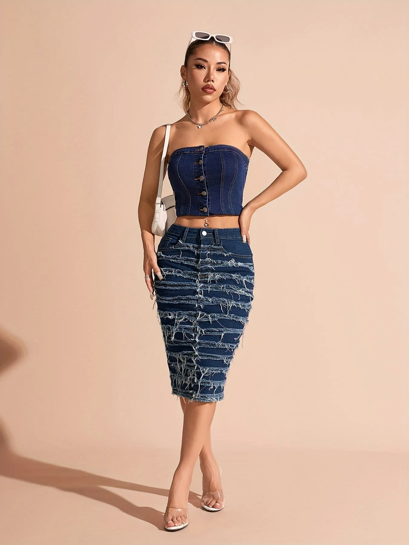 Midi Length Women's High Stretch Denim Pencil Skirt - Frayed Hem, Button Detail, Solid Color, Regular Fit, Mid Waist, Woven Fabric, Perfect for Spring/Summer/Fall