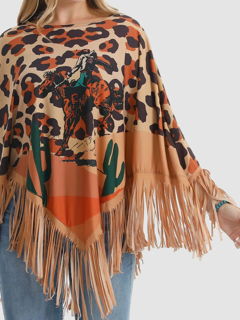 Montana West Leopard Rodeo Graphic Fringe Poncho