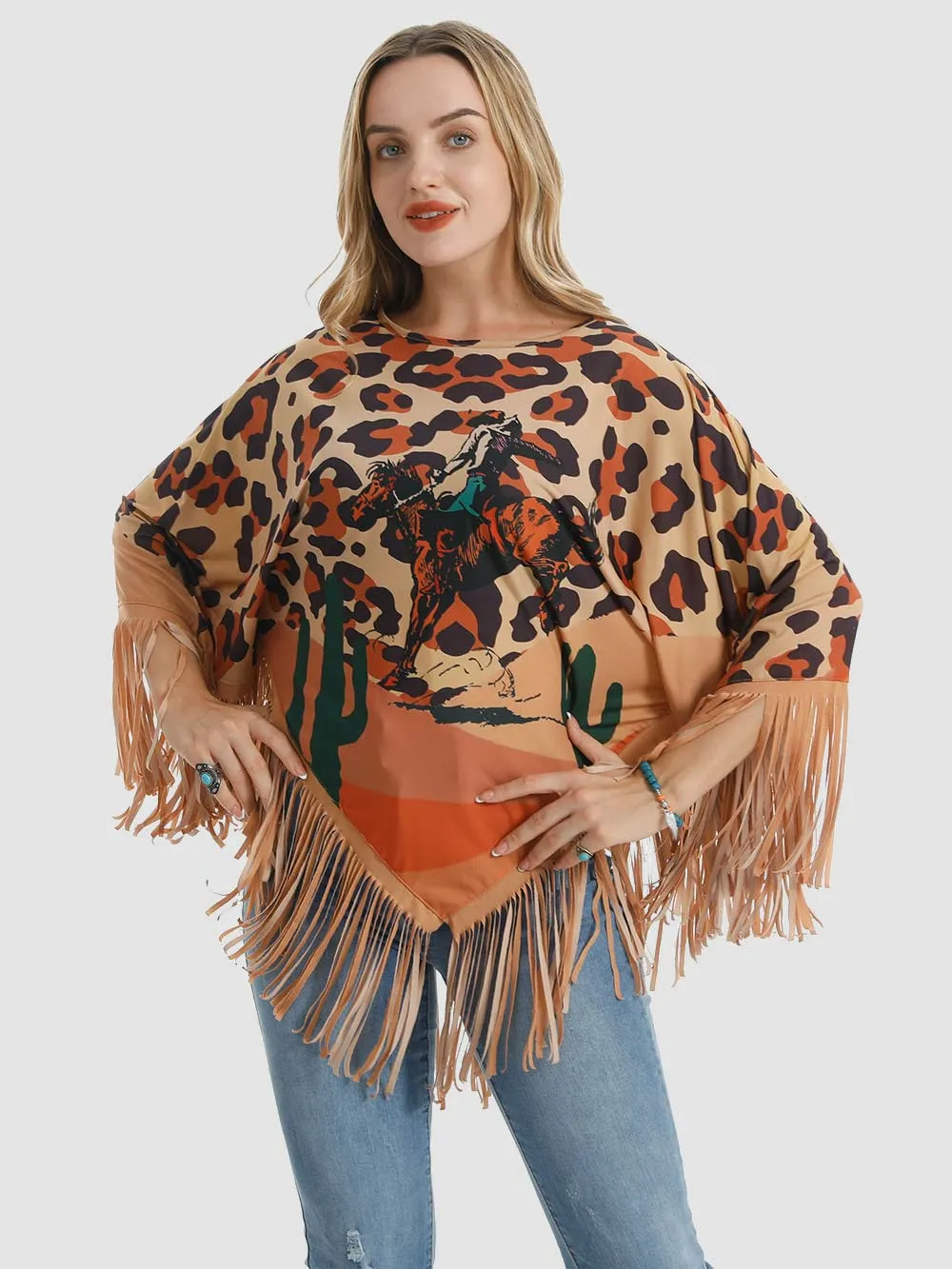 Montana West Leopard Rodeo Graphic Fringe Poncho