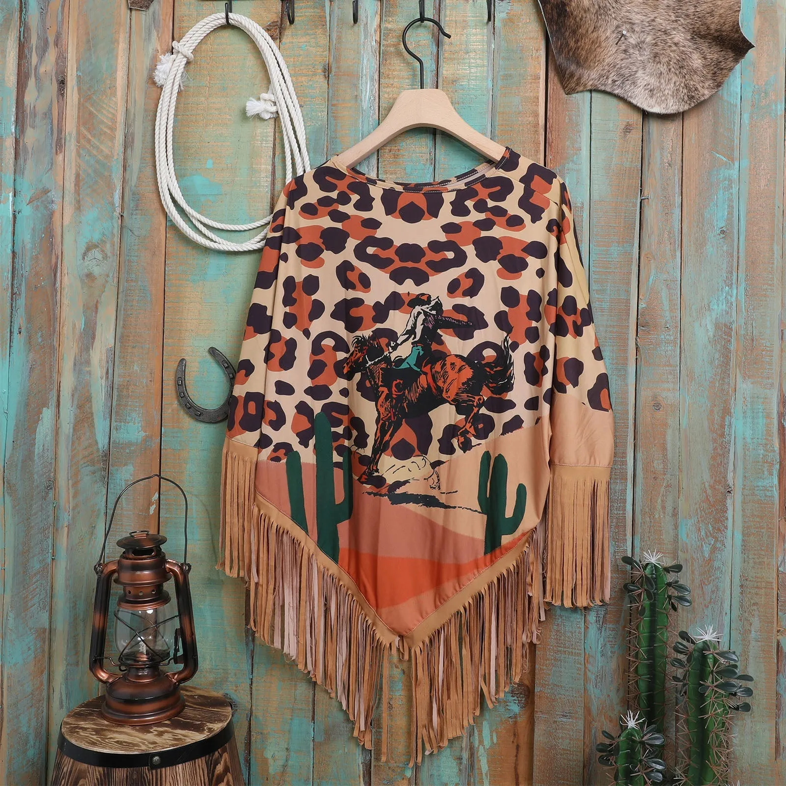 Montana West Leopard Rodeo Graphic Fringe Poncho