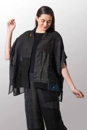 MOSAIC TILE PATCH KANTHA PONCHO TOP - mt1568-blk -