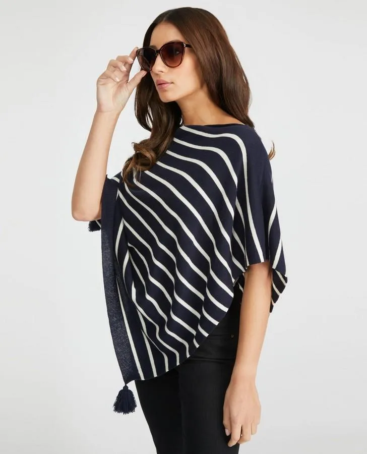 Navy and White Striped Tassel Poncho Scarf