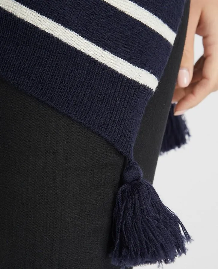 Navy and White Striped Tassel Poncho Scarf