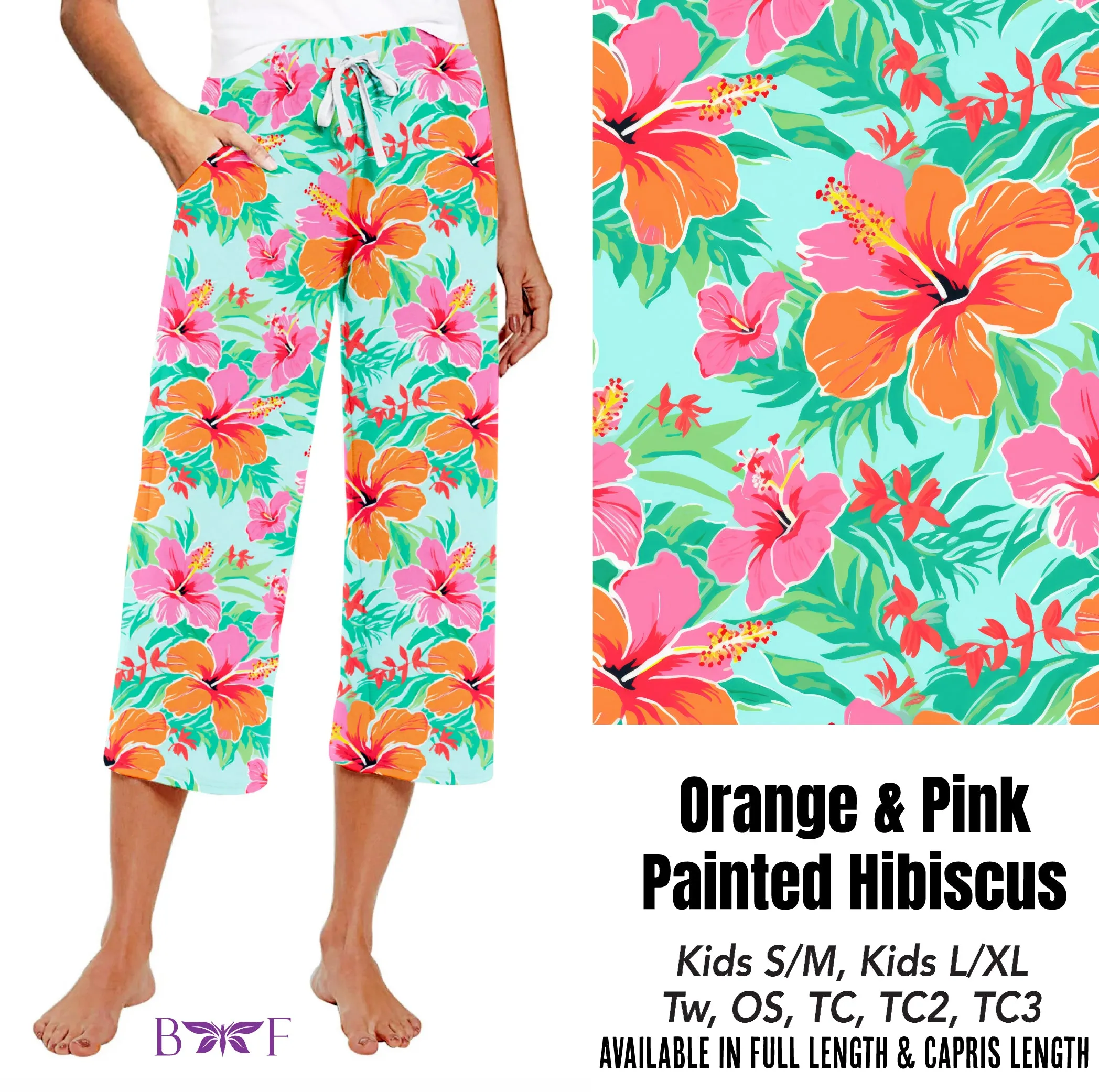 Orange and Pink painted hibiscus capris, shorts and skorts with pockets