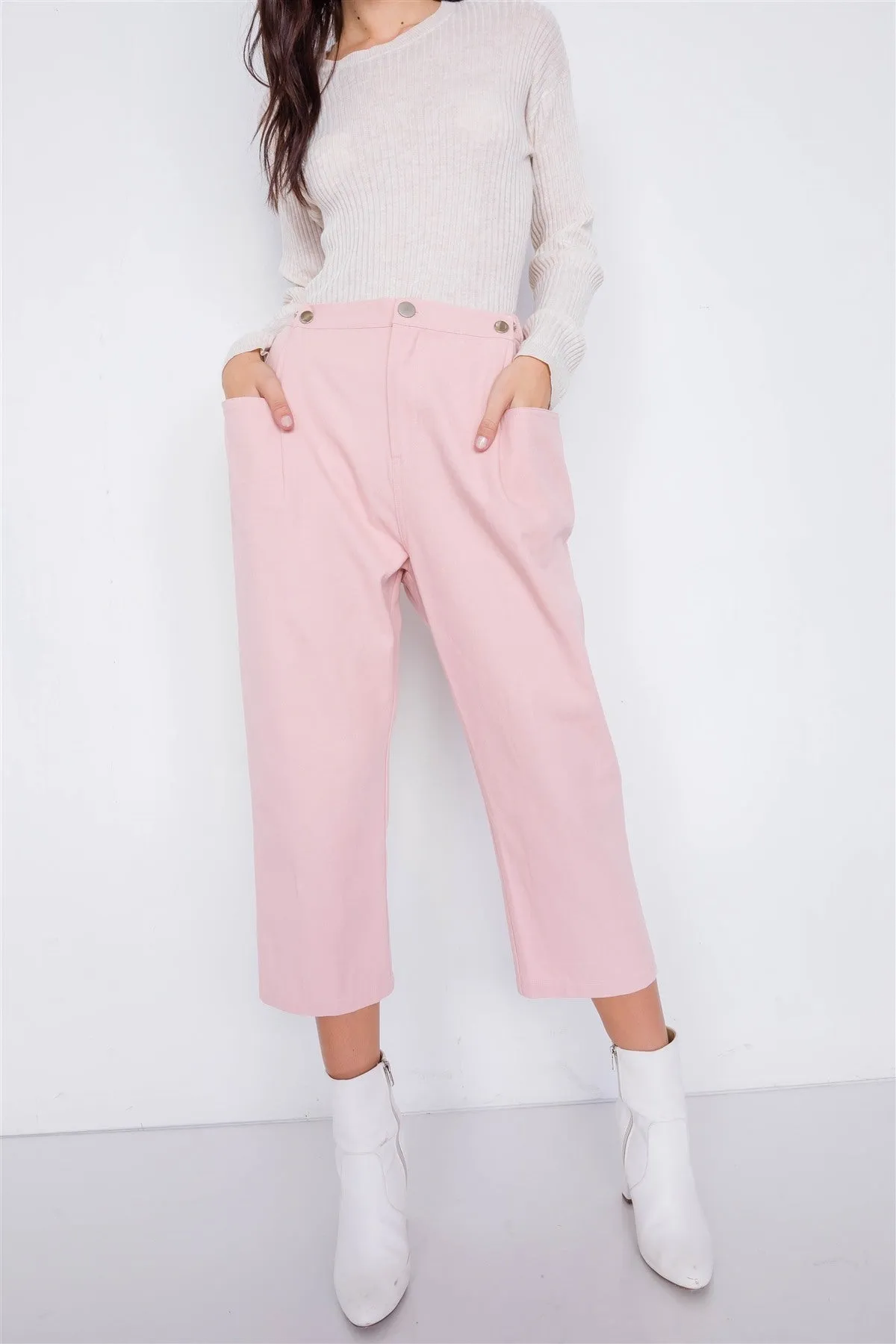 Pastel Chic Solid Ankle Wide Leg Adjustable Snap Waist Pants - 2 colors