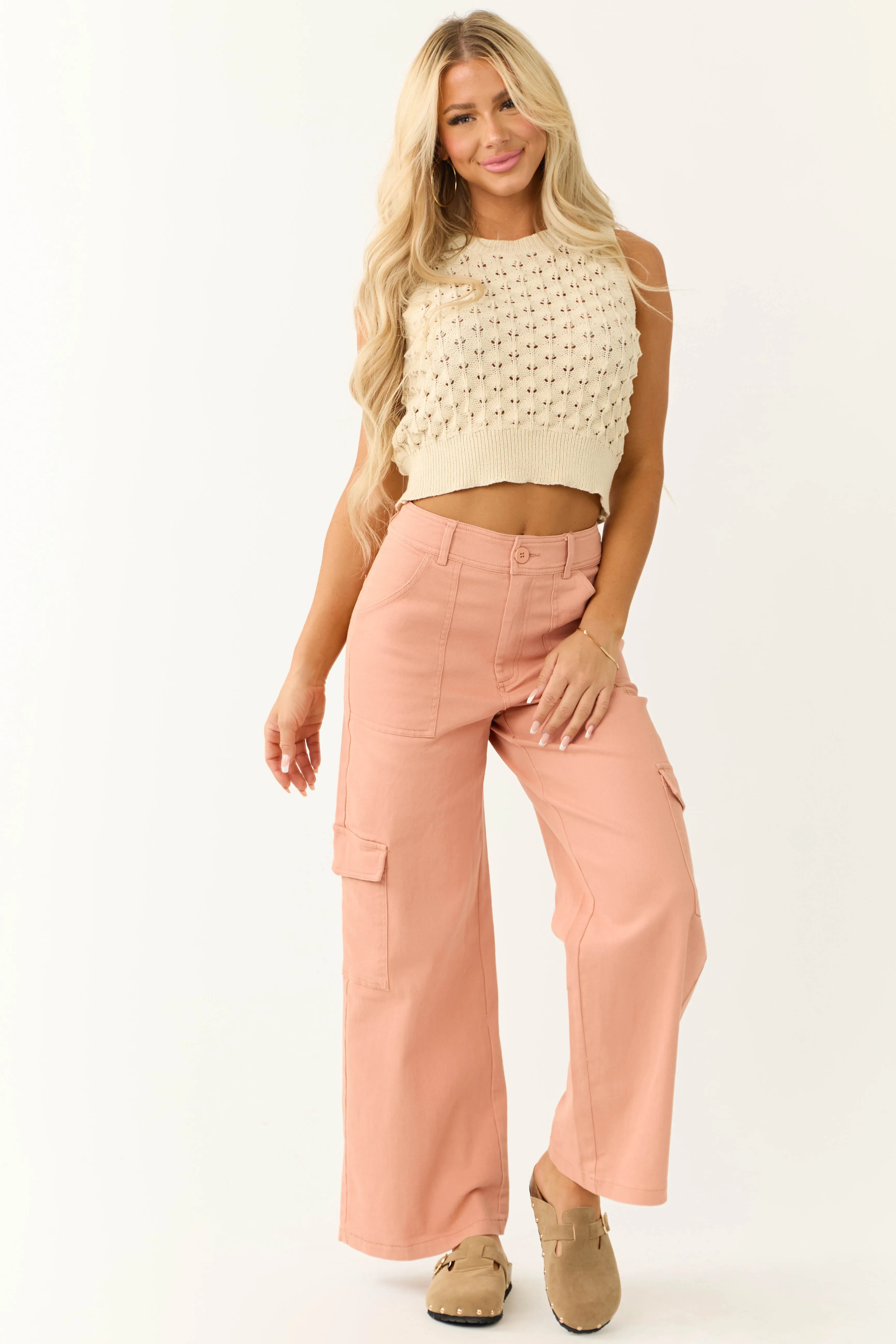 Peach Twill Wide Leg High Waisted Cargo Pants