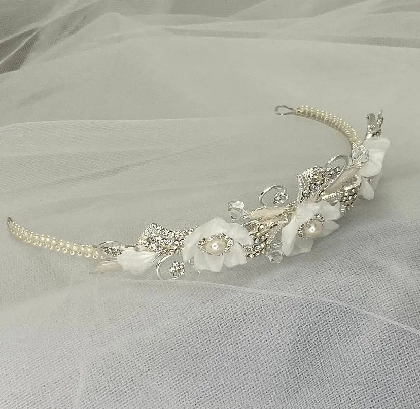 Pearl Crystal Bridal Tiara, floral crystal brides classical, Bride silver and crystal bride floral tiara, Minimalist Bride Silver Tiara