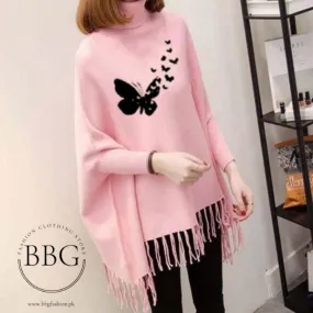 Pink Flying Butterfly Printed Poncho