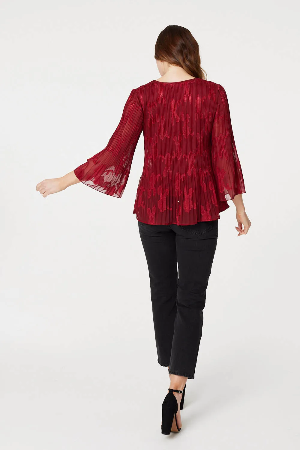 Plisse Pleated 3/4 Sleeve Blouse