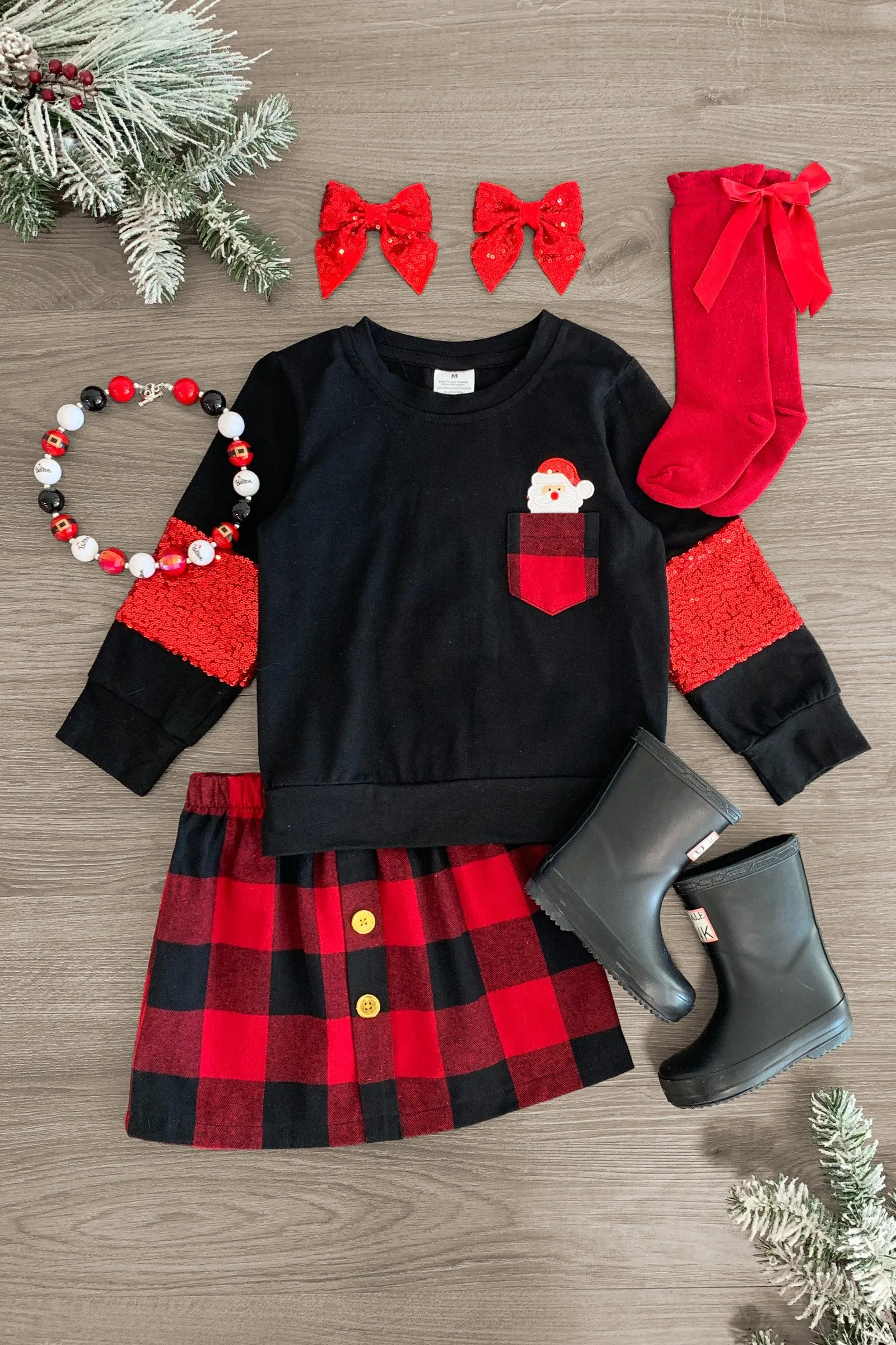 Pocket Santa Claus Plaid Skirt Set