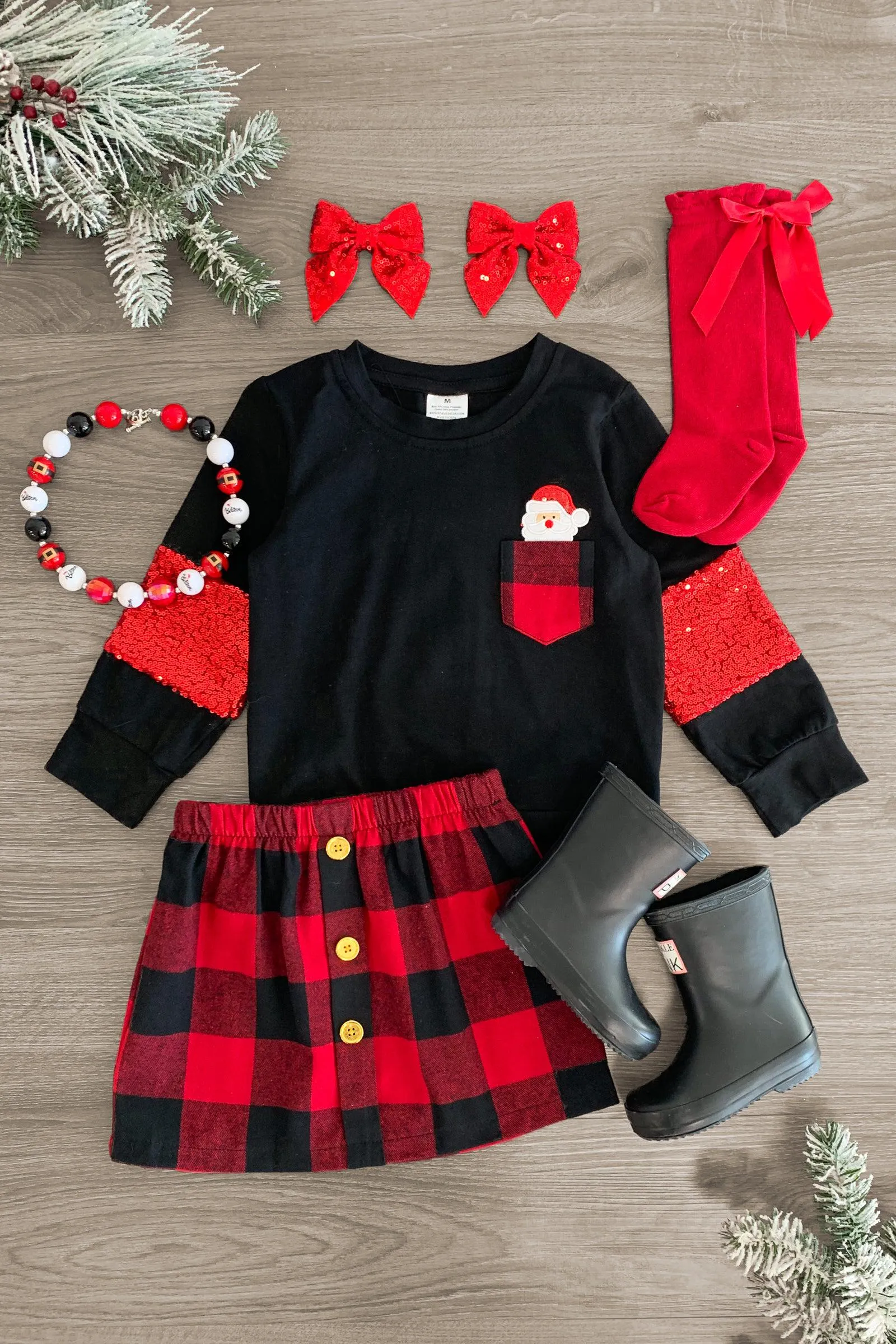 Pocket Santa Claus Plaid Skirt Set