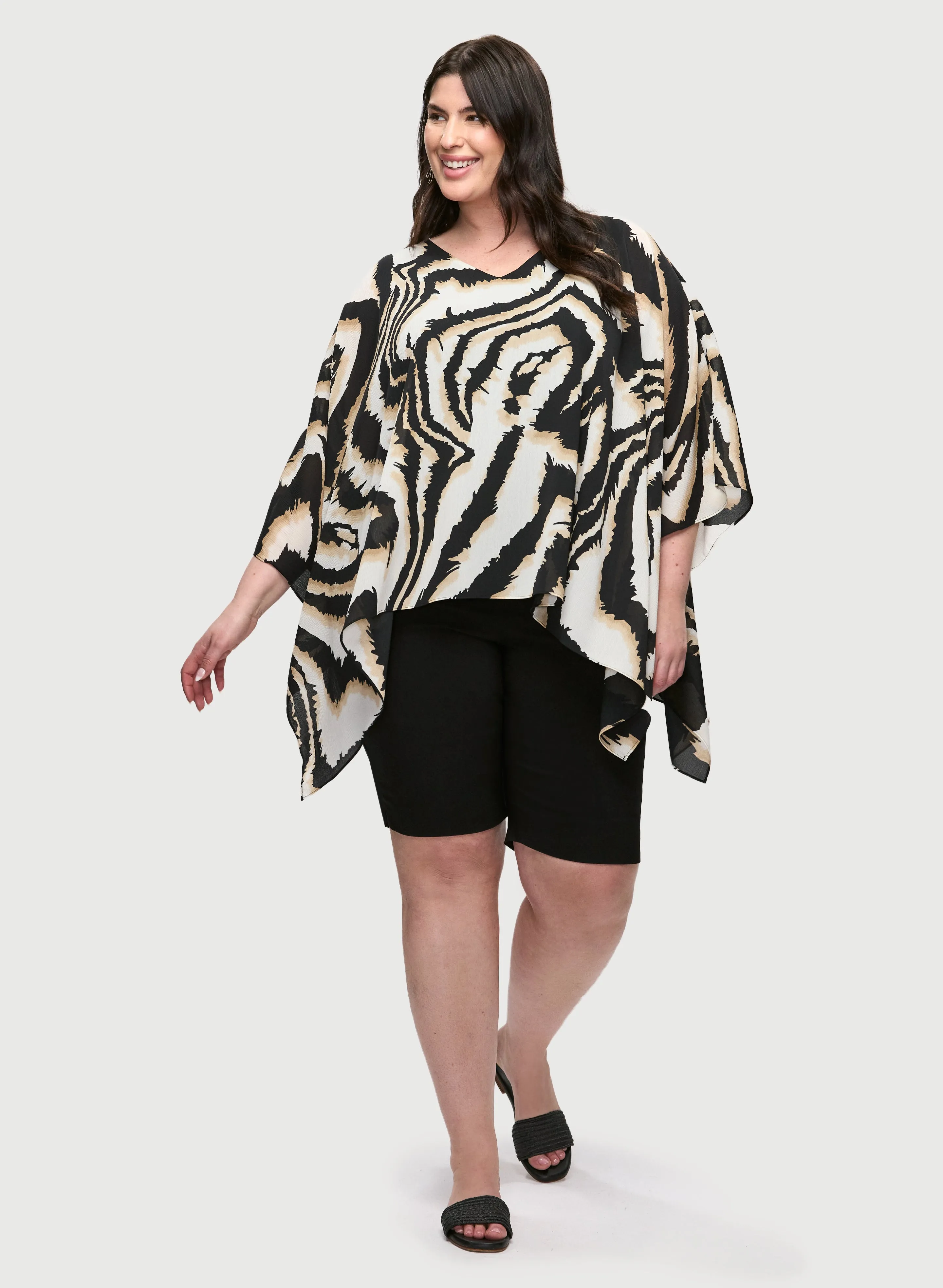 Poncho-Style Animal Print Blouse & Pull-On Bermuda Shorts