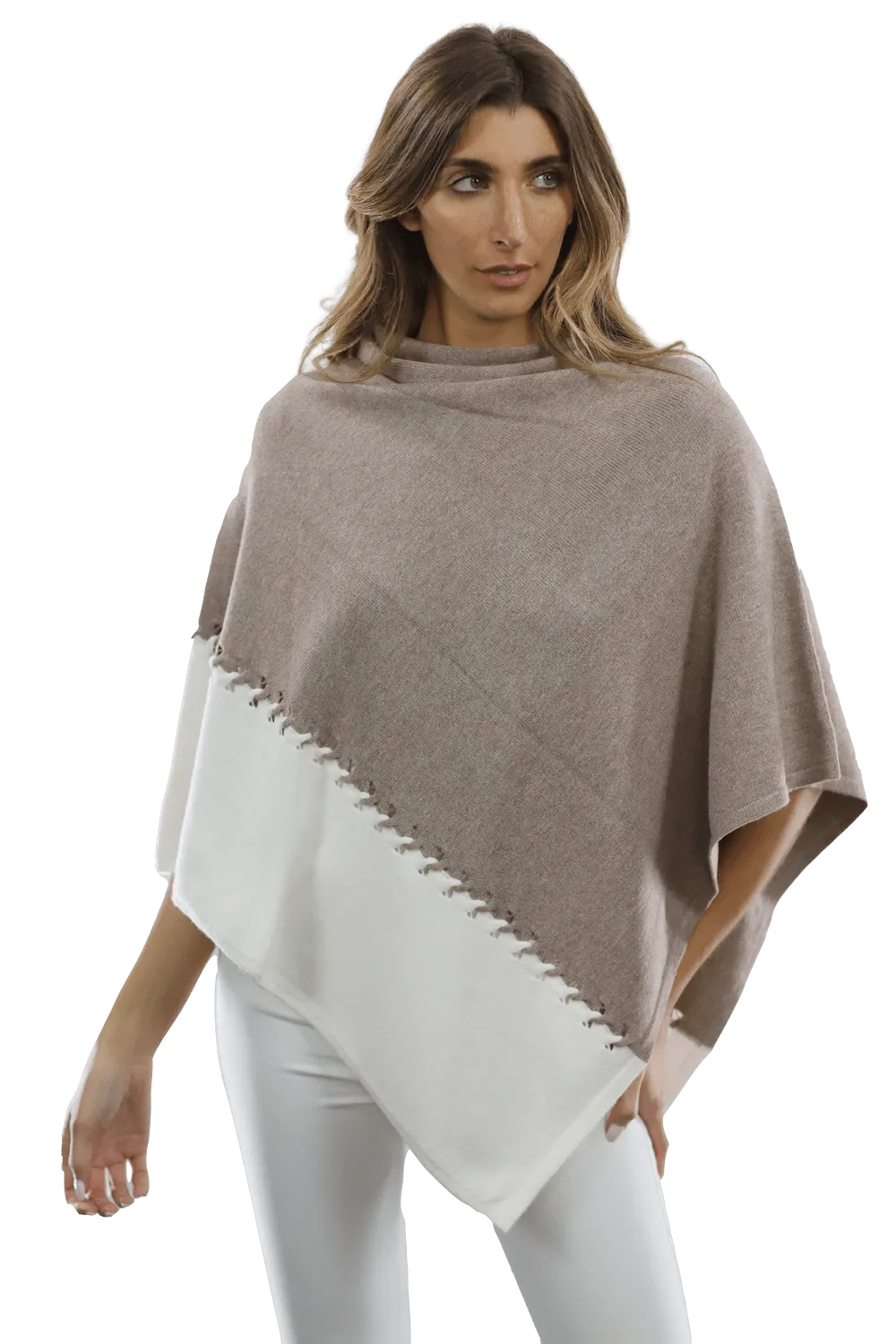 Poncho with Two Tone Detail - Oatmeal/Beige