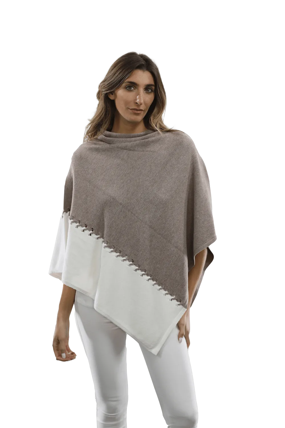 Poncho with Two Tone Detail - Oatmeal/Beige