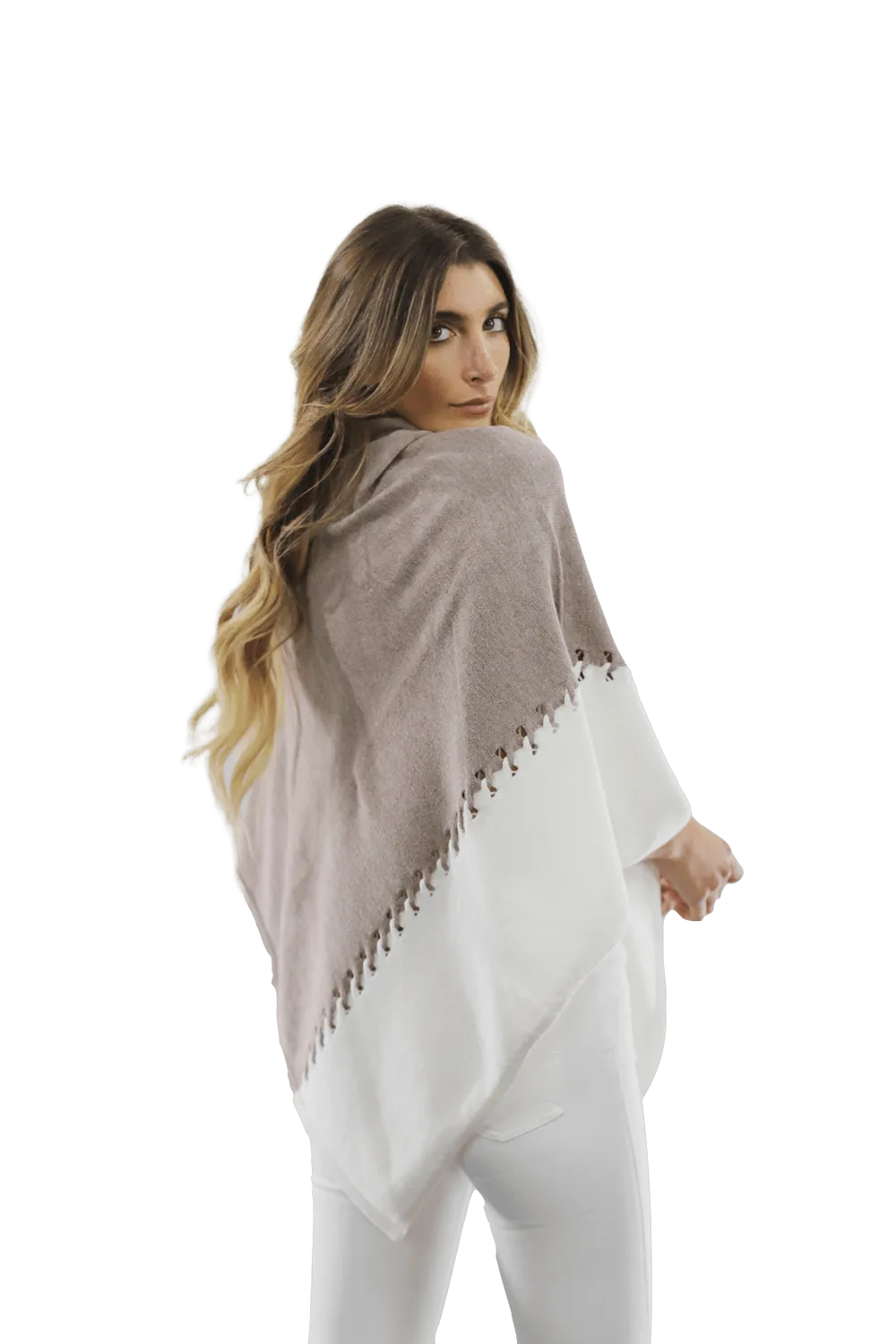 Poncho with Two Tone Detail - Oatmeal/Beige