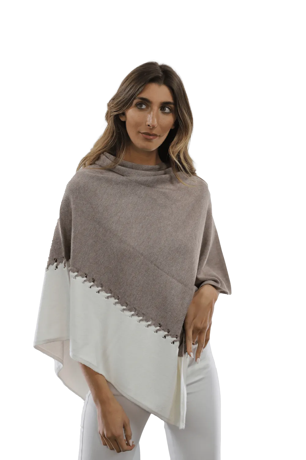 Poncho with Two Tone Detail - Oatmeal/Beige