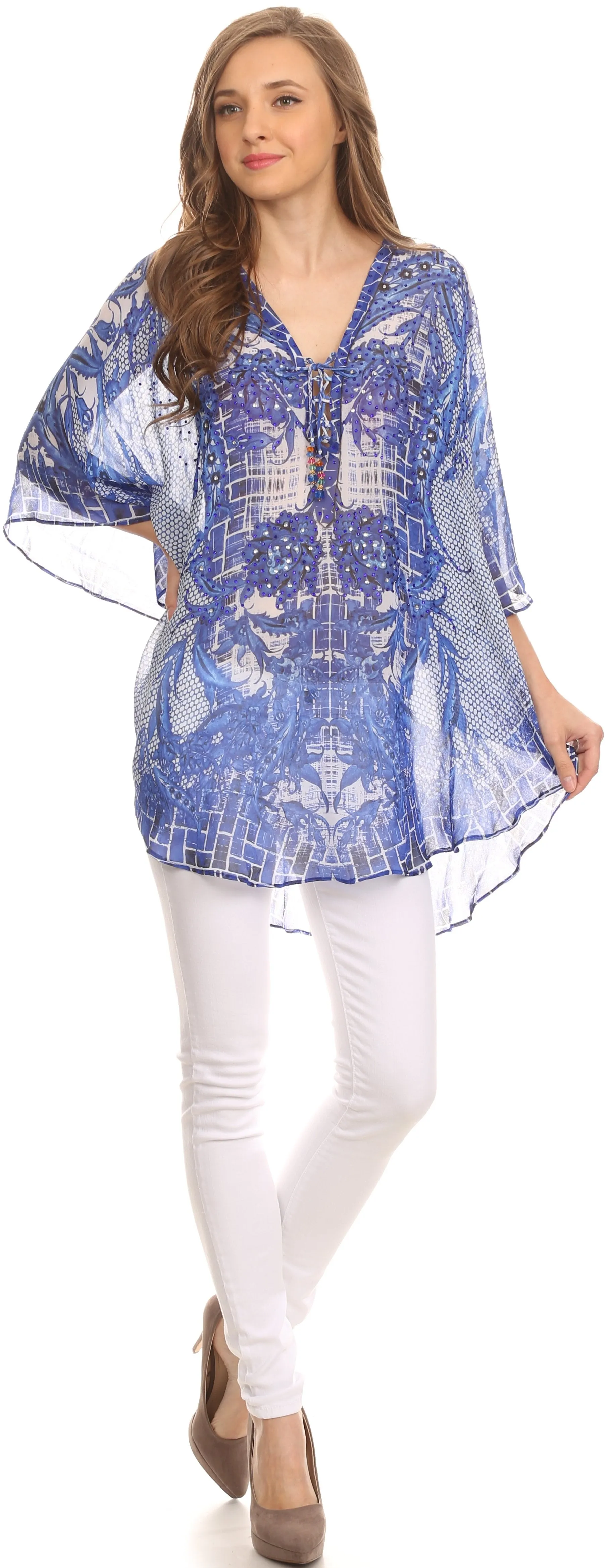 Sakkas Balloon Top Sloane Circle Poncho Top Blouse With Beaded Tassle Adjustable Neck Closure