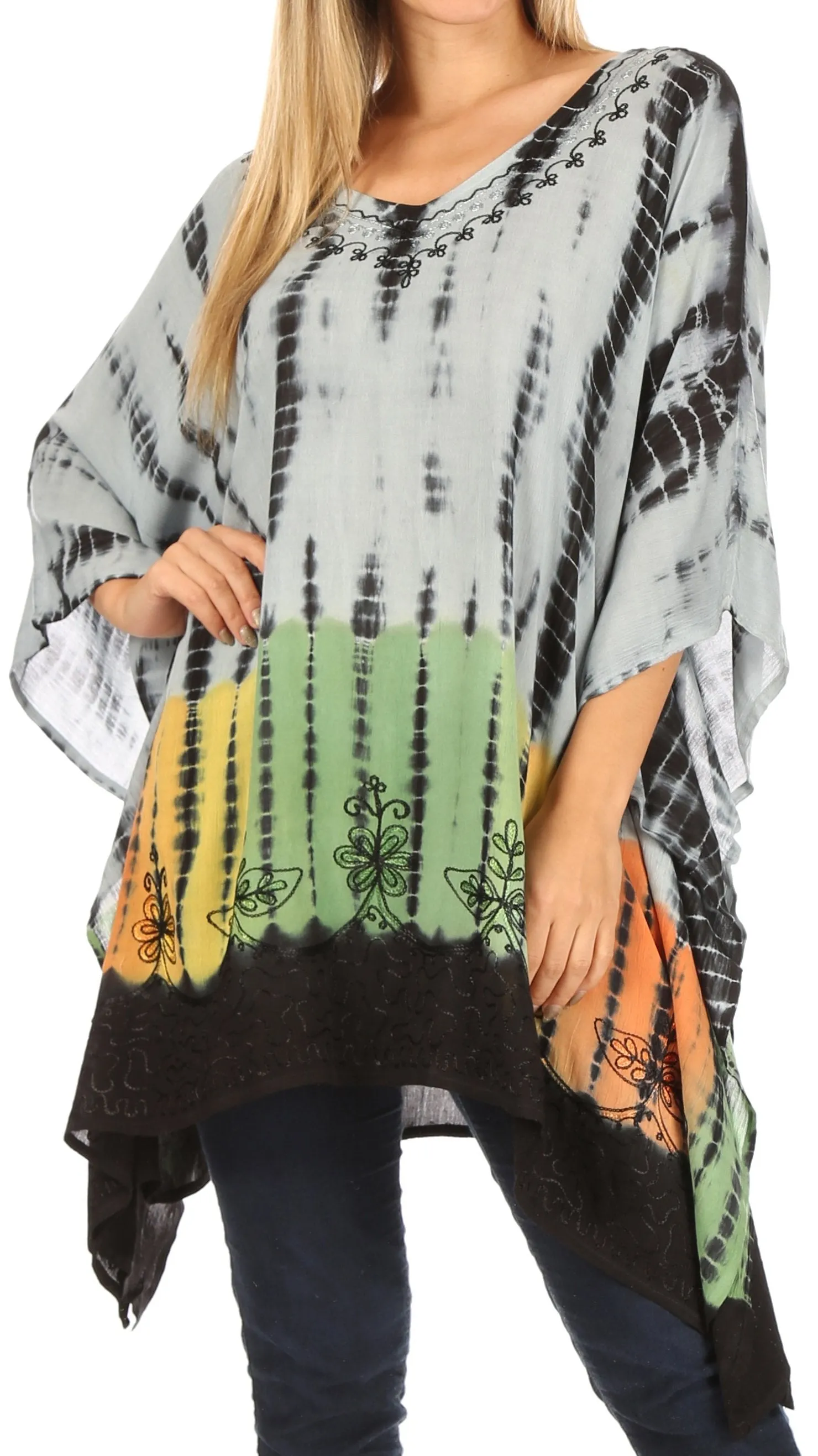 Sakkas Eliana Wide Long Tall Embroidered Tie Dye Ombre Batik Poncho Top Blouse