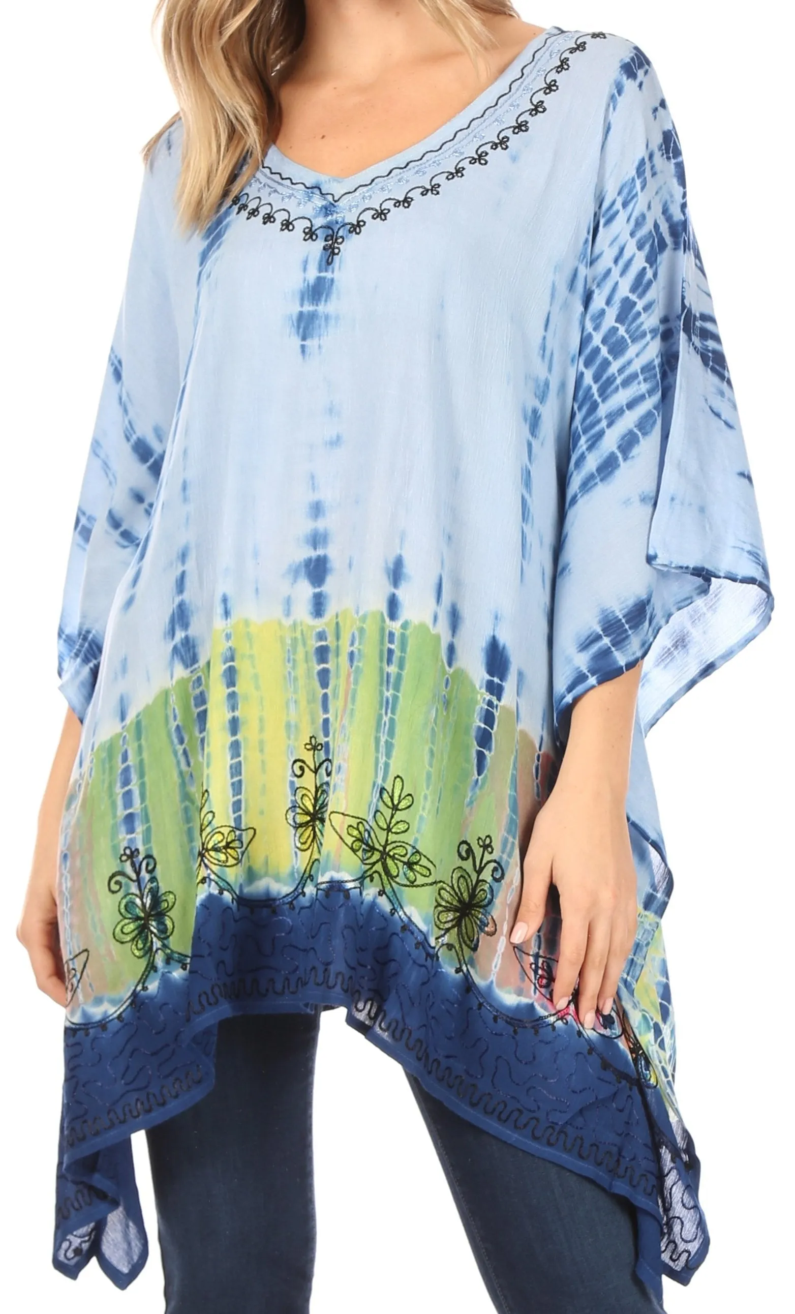 Sakkas Eliana Wide Long Tall Embroidered Tie Dye Ombre Batik Poncho Top Blouse