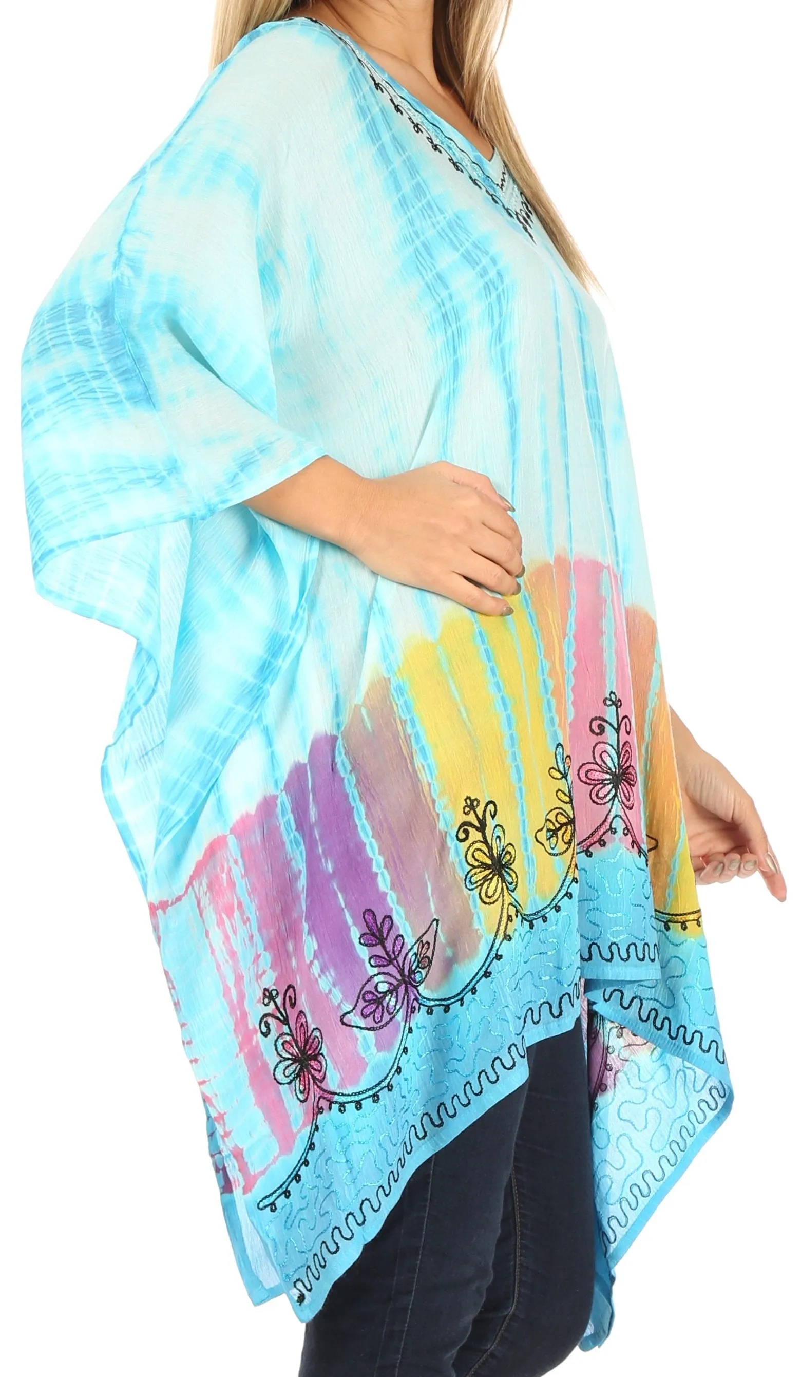 Sakkas Eliana Wide Long Tall Embroidered Tie Dye Ombre Batik Poncho Top Blouse