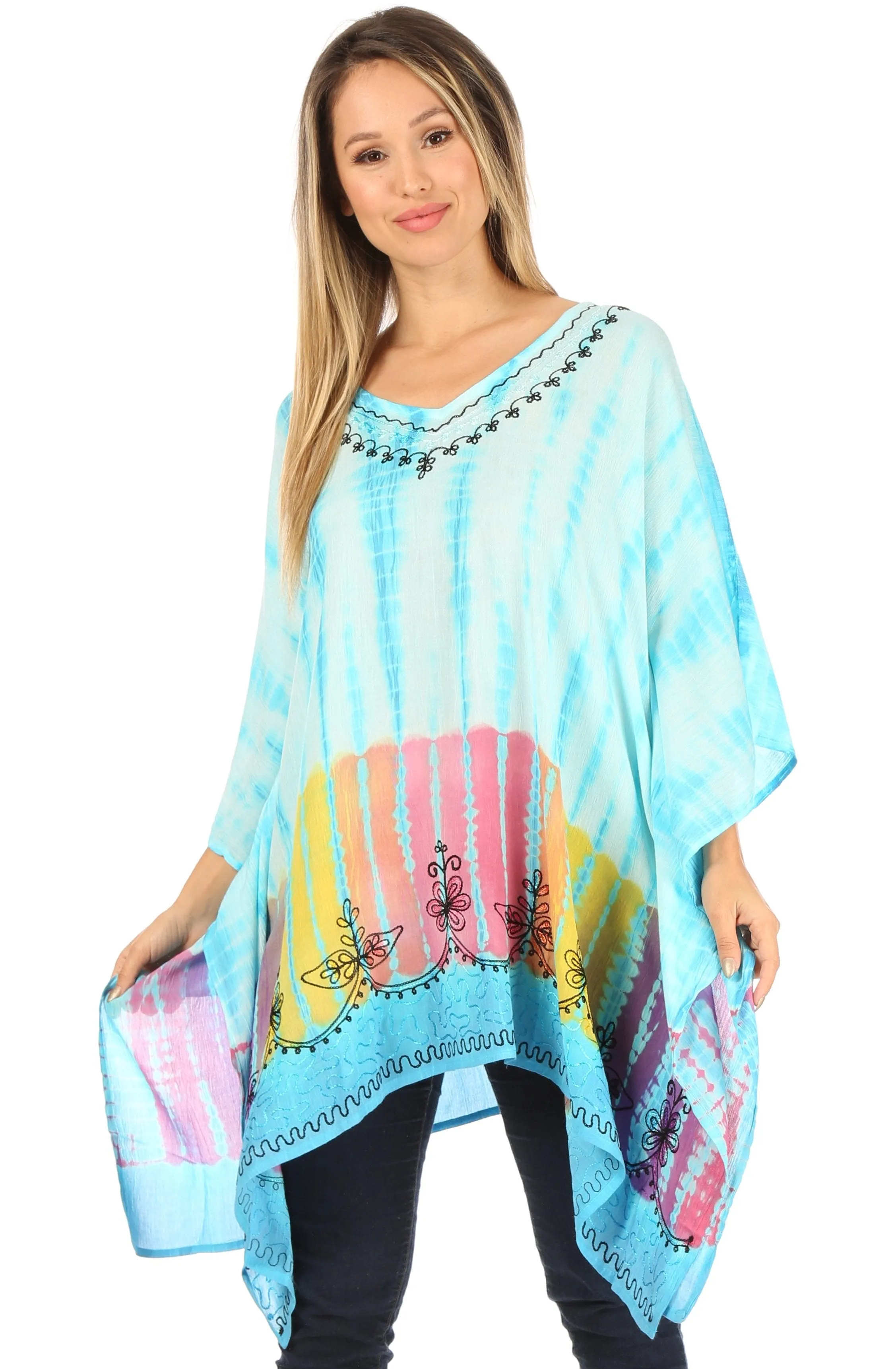 Sakkas Eliana Wide Long Tall Embroidered Tie Dye Ombre Batik Poncho Top Blouse