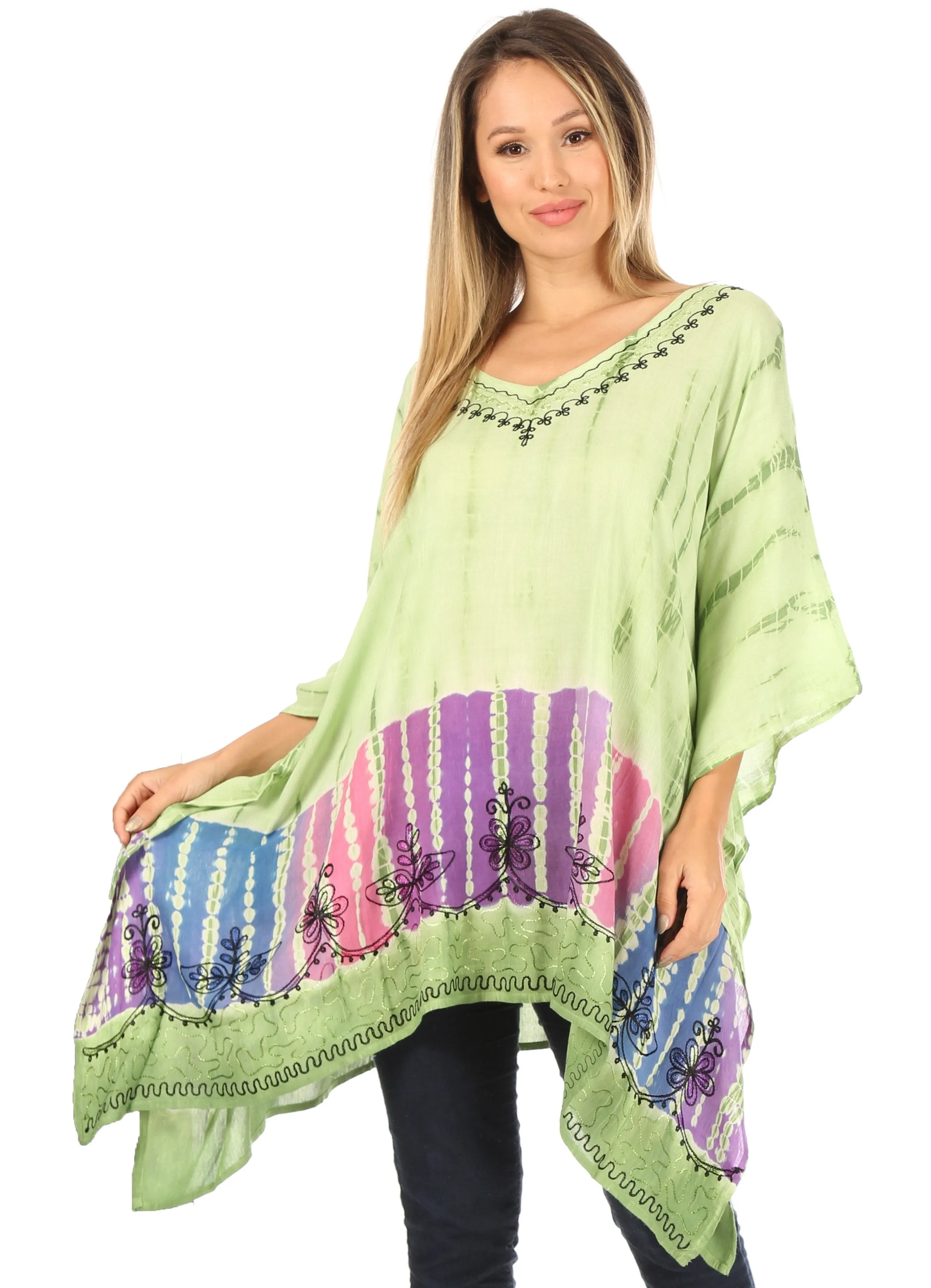 Sakkas Eliana Wide Long Tall Embroidered Tie Dye Ombre Batik Poncho Top Blouse