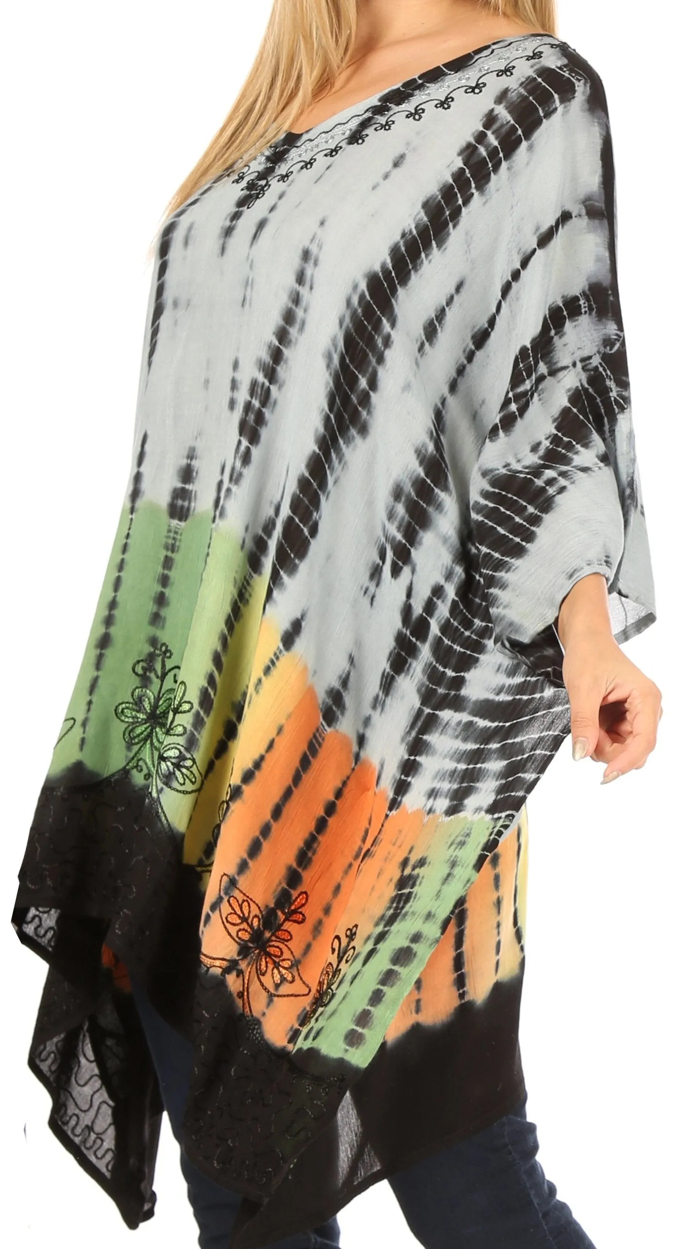 Sakkas Eliana Wide Long Tall Embroidered Tie Dye Ombre Batik Poncho Top Blouse