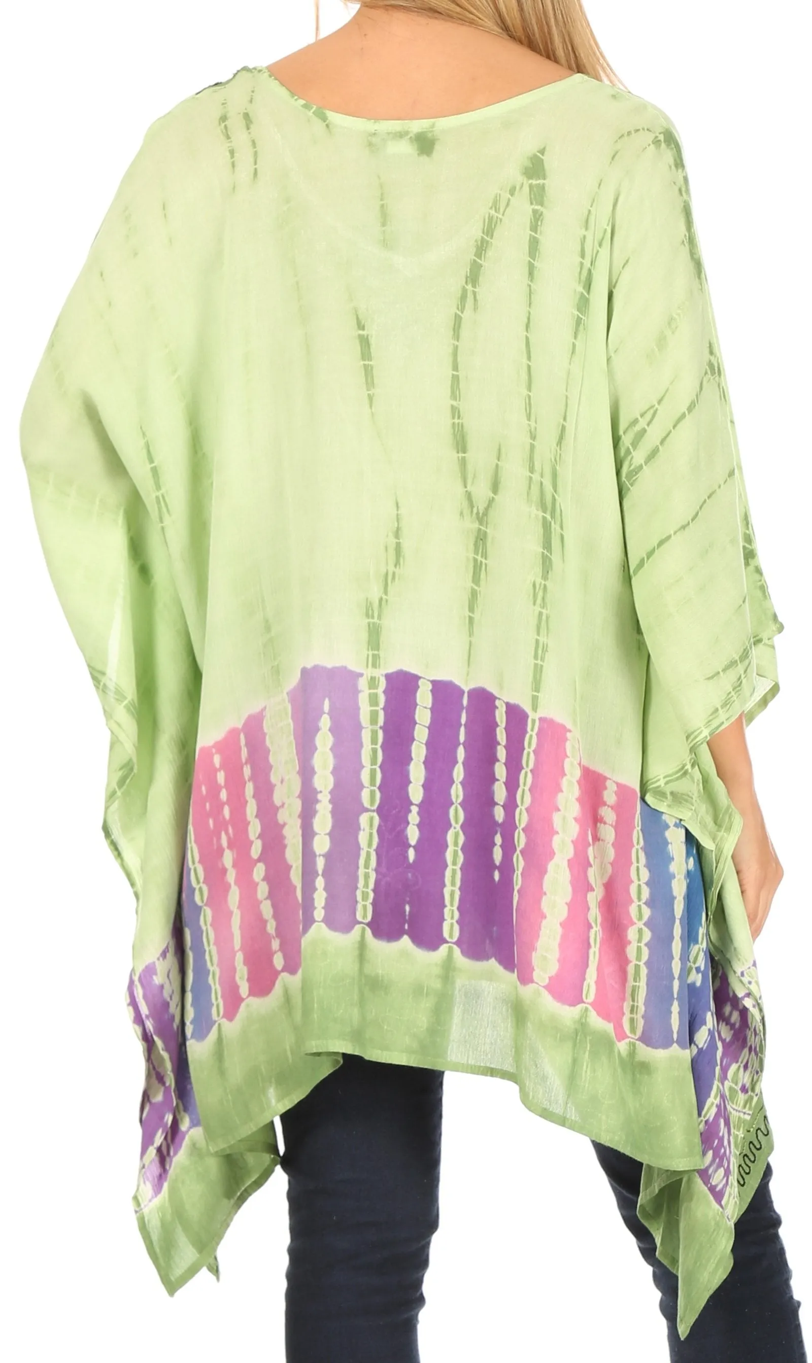 Sakkas Eliana Wide Long Tall Embroidered Tie Dye Ombre Batik Poncho Top Blouse