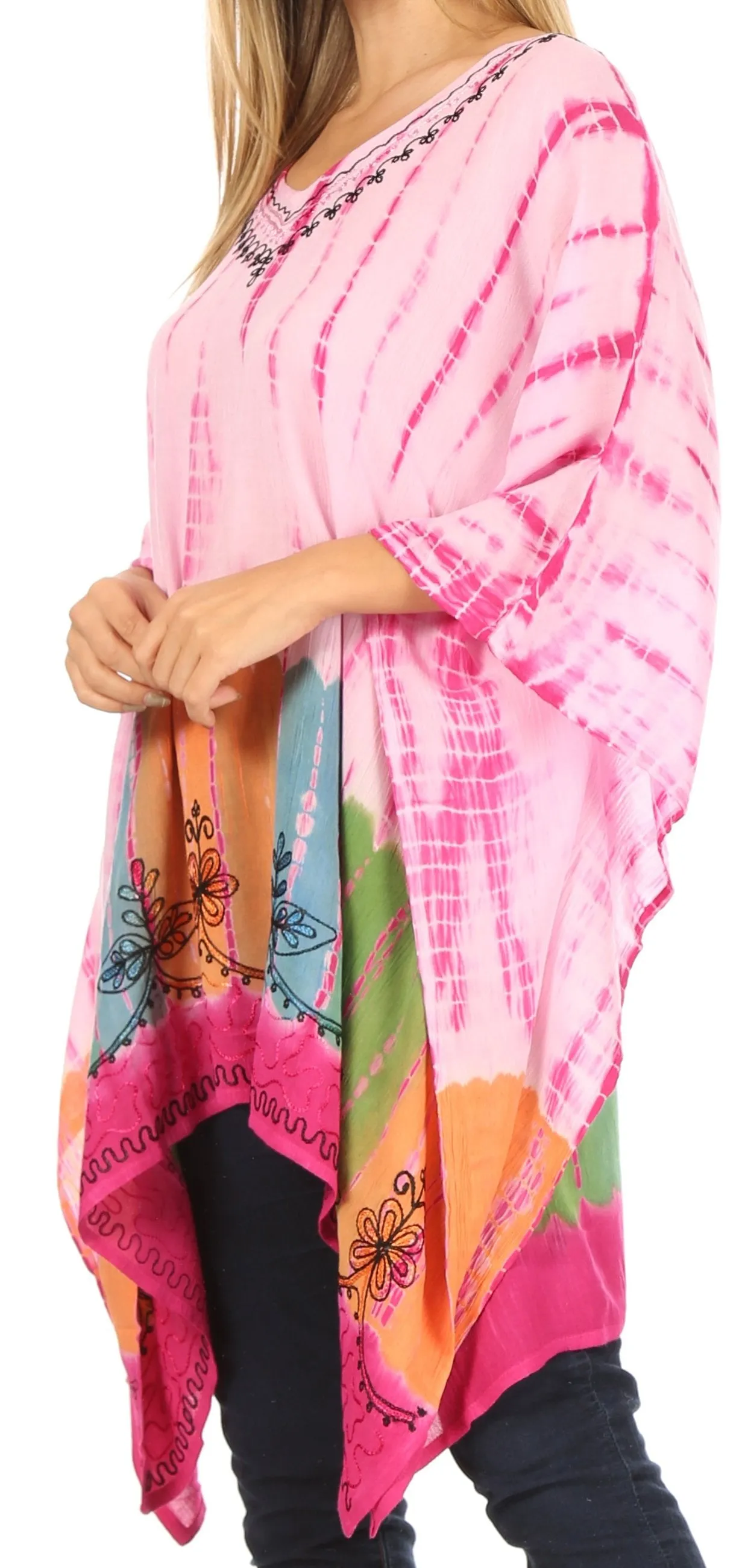 Sakkas Eliana Wide Long Tall Embroidered Tie Dye Ombre Batik Poncho Top Blouse