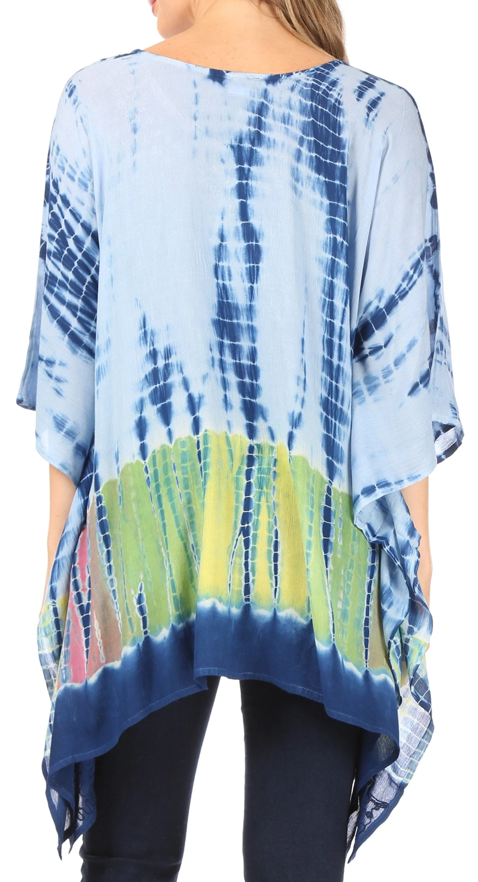 Sakkas Eliana Wide Long Tall Embroidered Tie Dye Ombre Batik Poncho Top Blouse