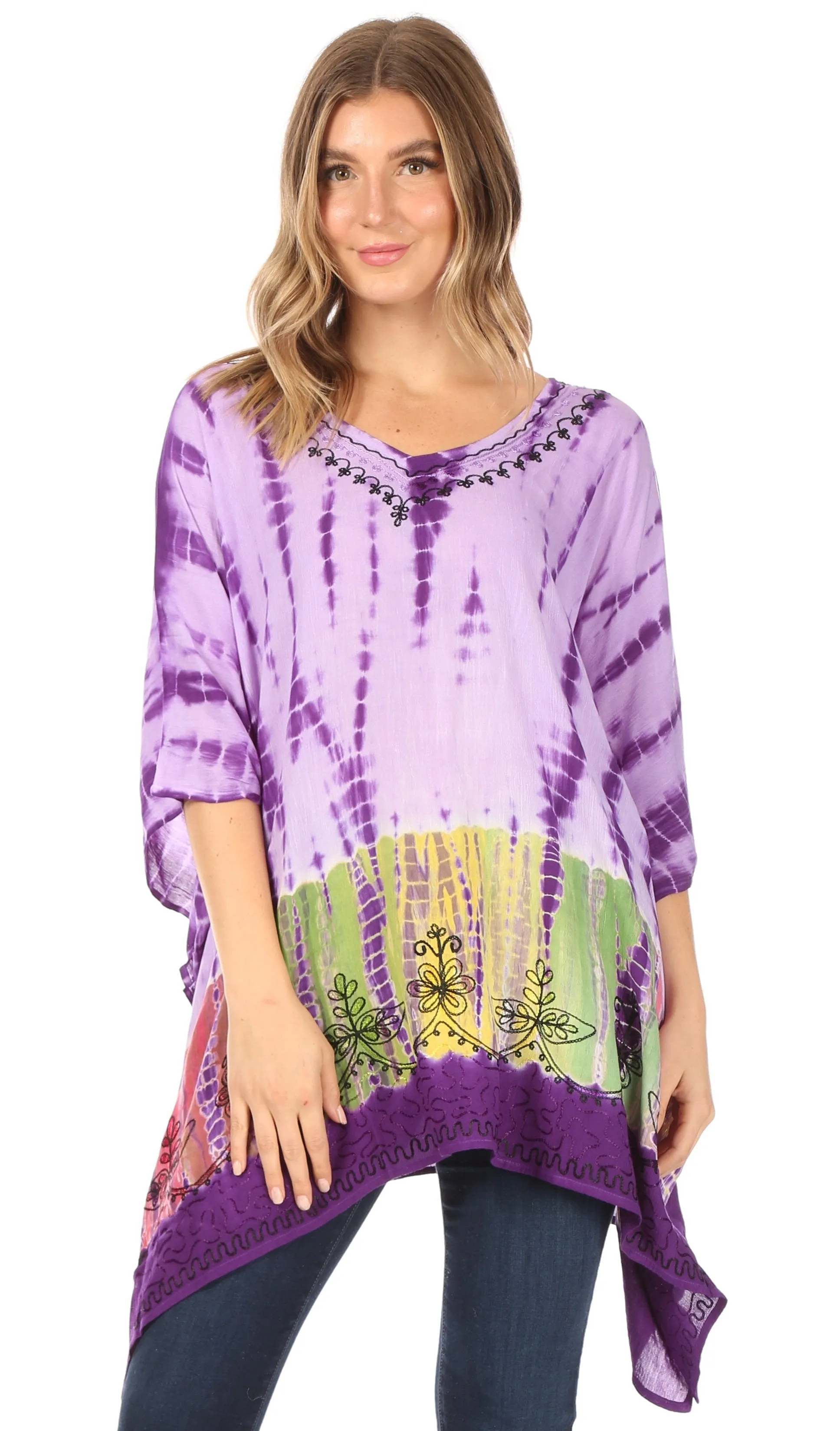 Sakkas Eliana Wide Long Tall Embroidered Tie Dye Ombre Batik Poncho Top Blouse