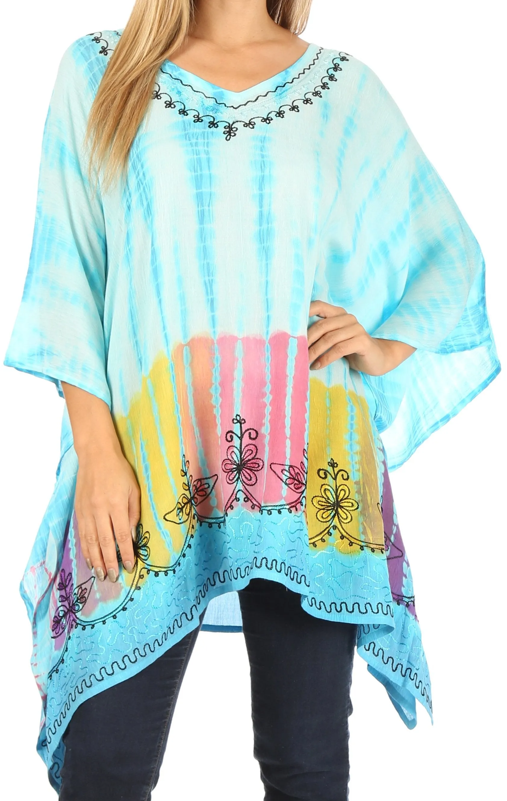 Sakkas Eliana Wide Long Tall Embroidered Tie Dye Ombre Batik Poncho Top Blouse