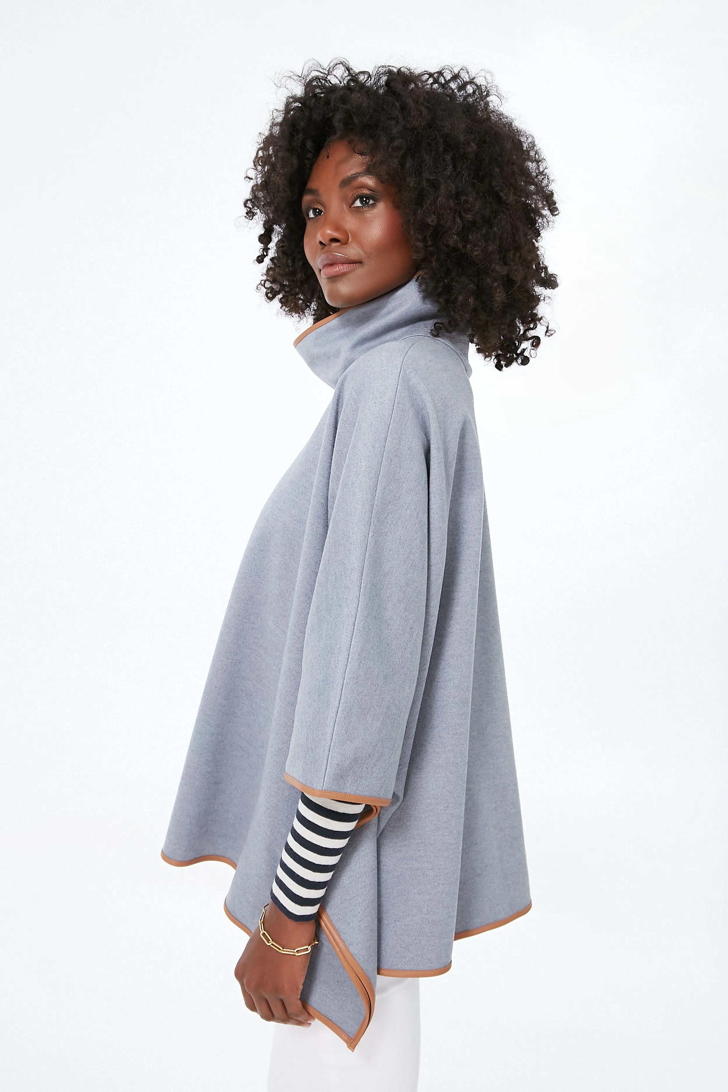 Slate Blue Leather Trim Funnel Piper Poncho