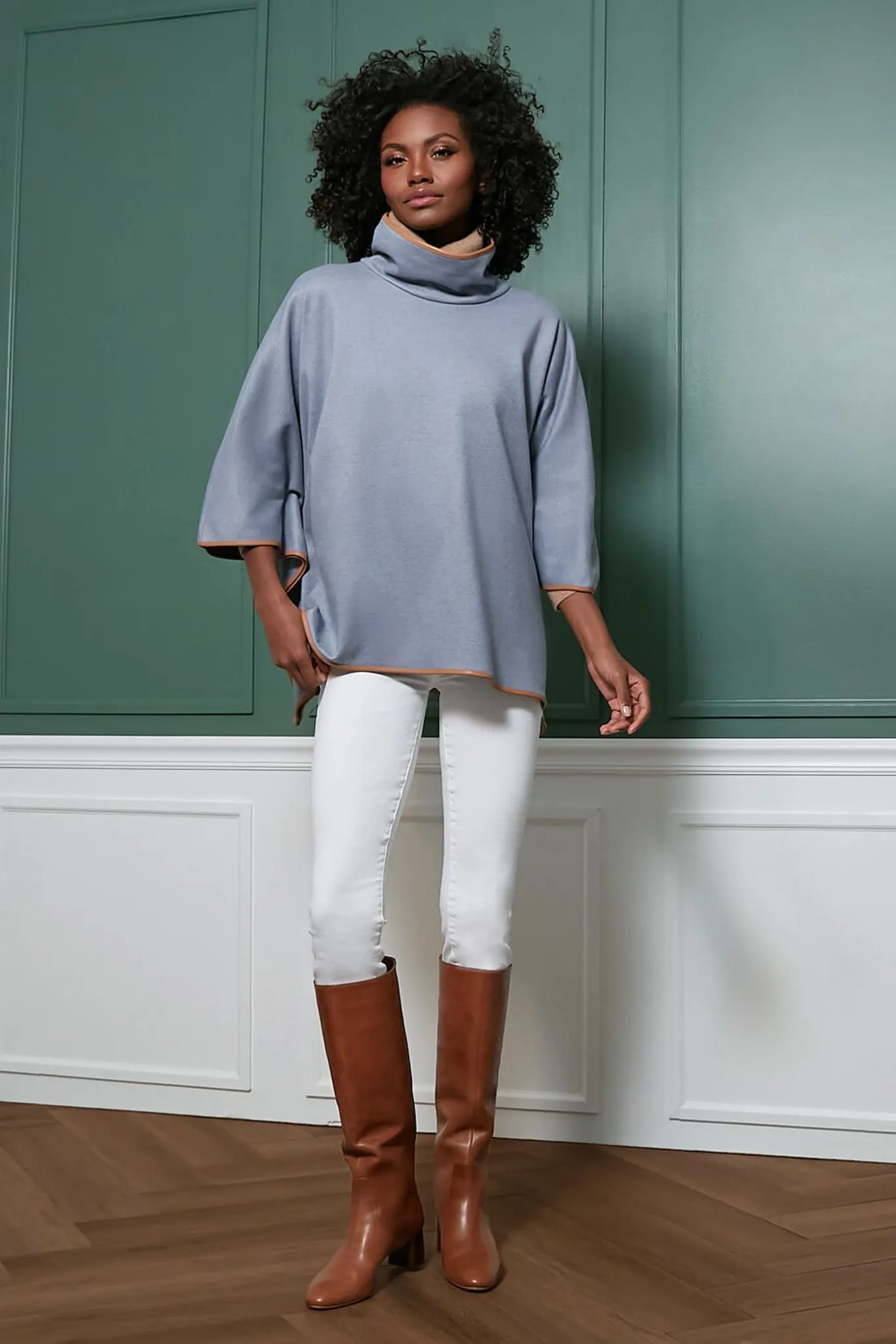 Slate Blue Leather Trim Funnel Piper Poncho