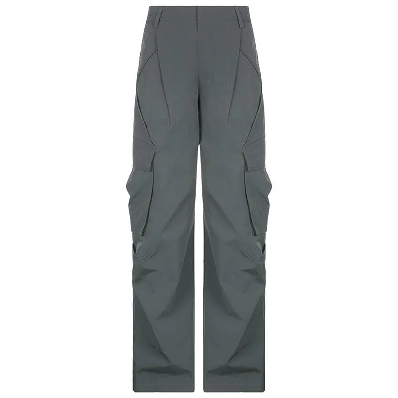 Solid zip-up low rise cargo pocket wide leg pant